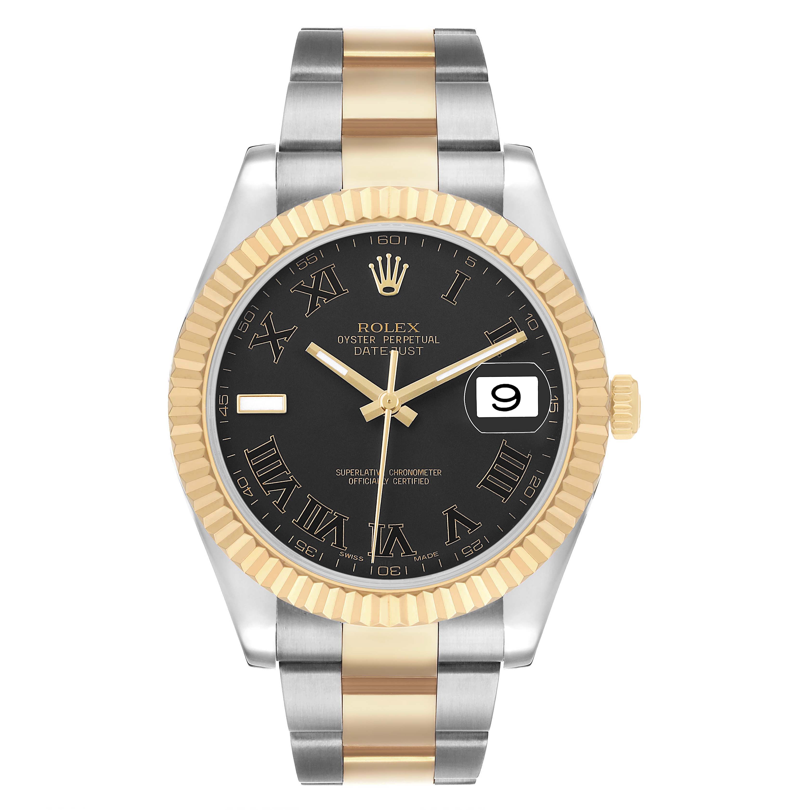 The Rolex Datejust 41 116333 Men's Steel and Gold (two tone) Black Dial watch is shown from the front, featuring a black dial, gold accents, and a two-tone bracelet.