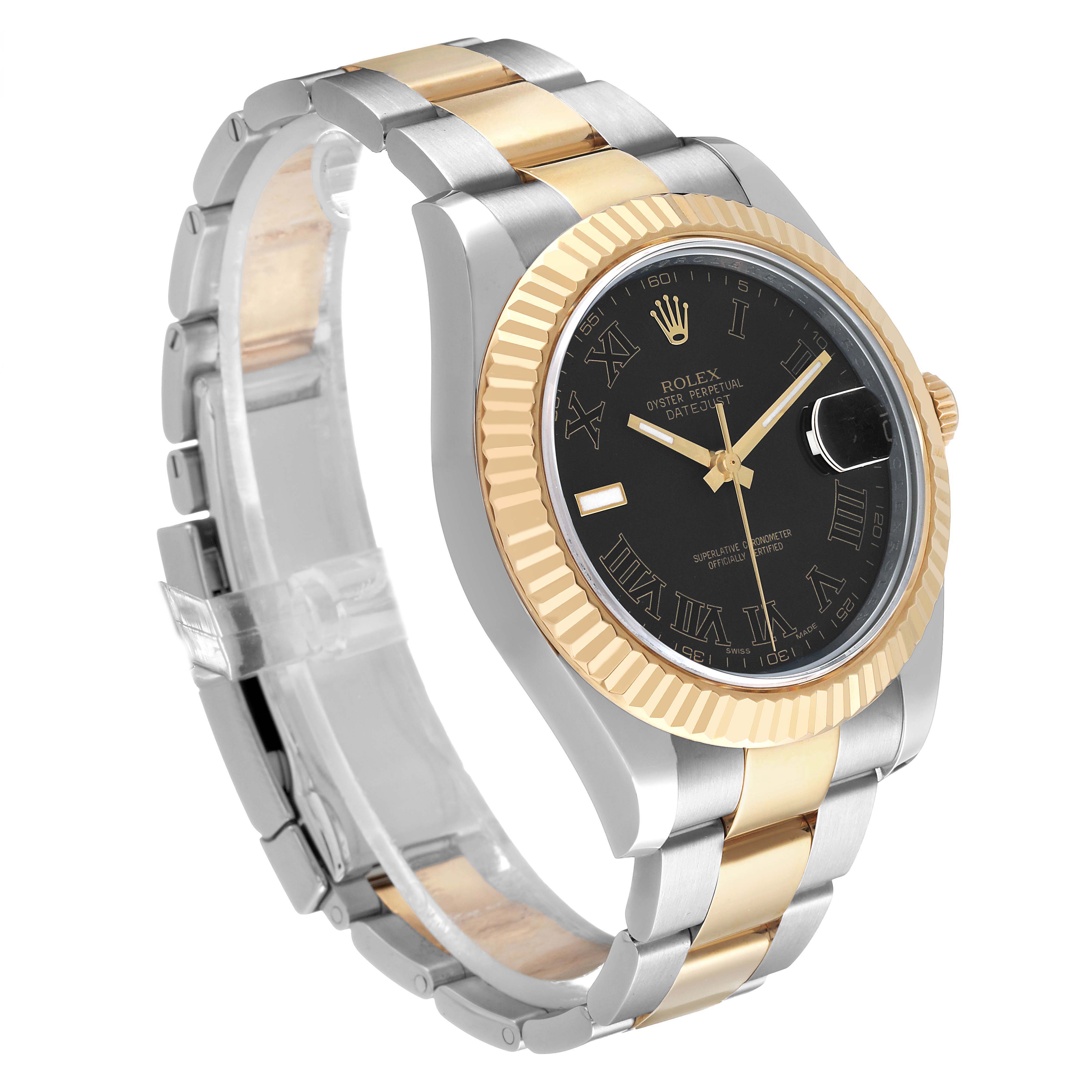The Rolex Datejust 41 116333 Men's Steel and Gold (two tone) Black Dial is shown at a three-quarter angle, highlighting the gold and silver bracelet, black dial, and fluted bezel.