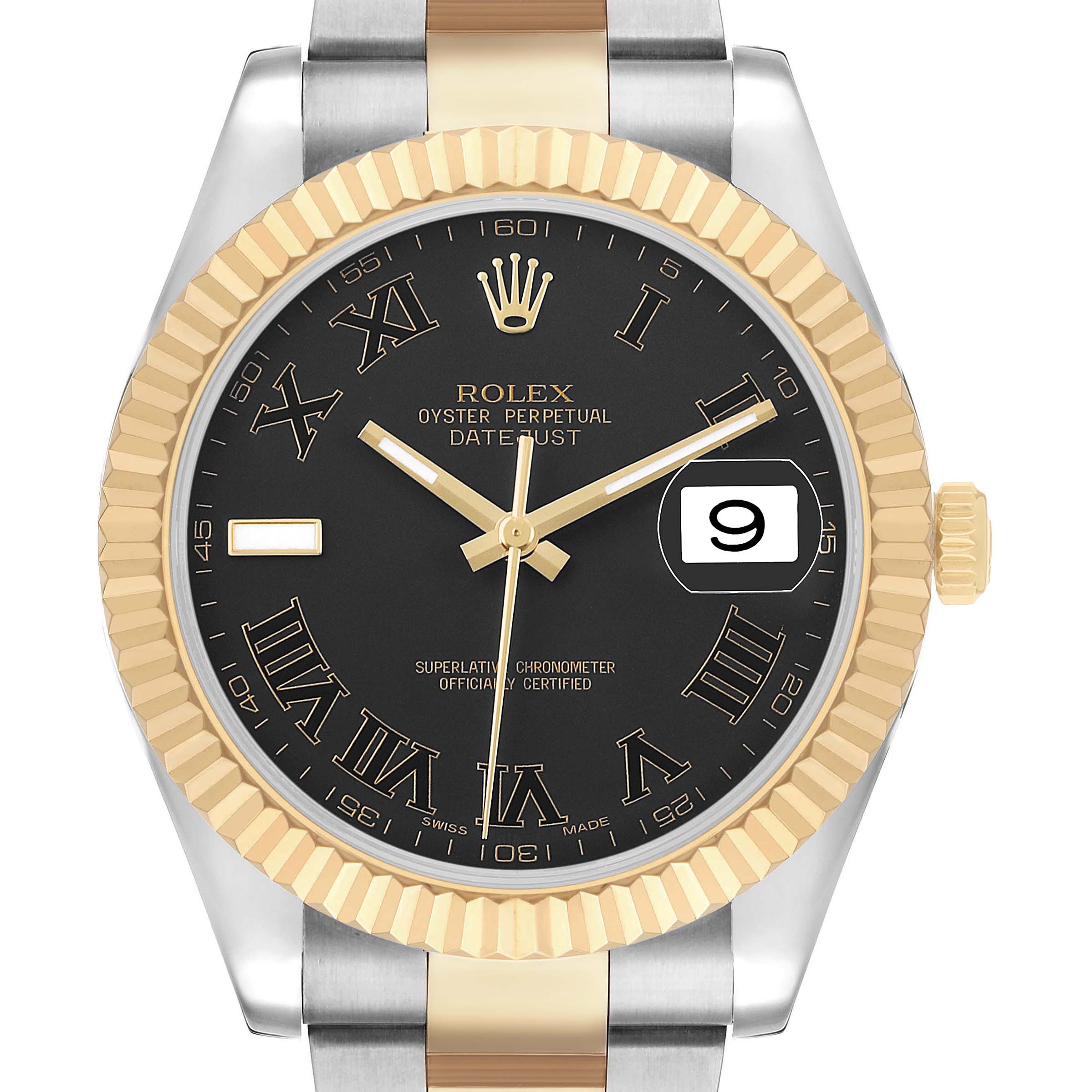 The image shows a front view of a Rolex Datejust 41 116333 Men's Steel and Gold (two tone) Black Dial, featuring its black dial, gold fluted bezel, and Jubilee bracelet.