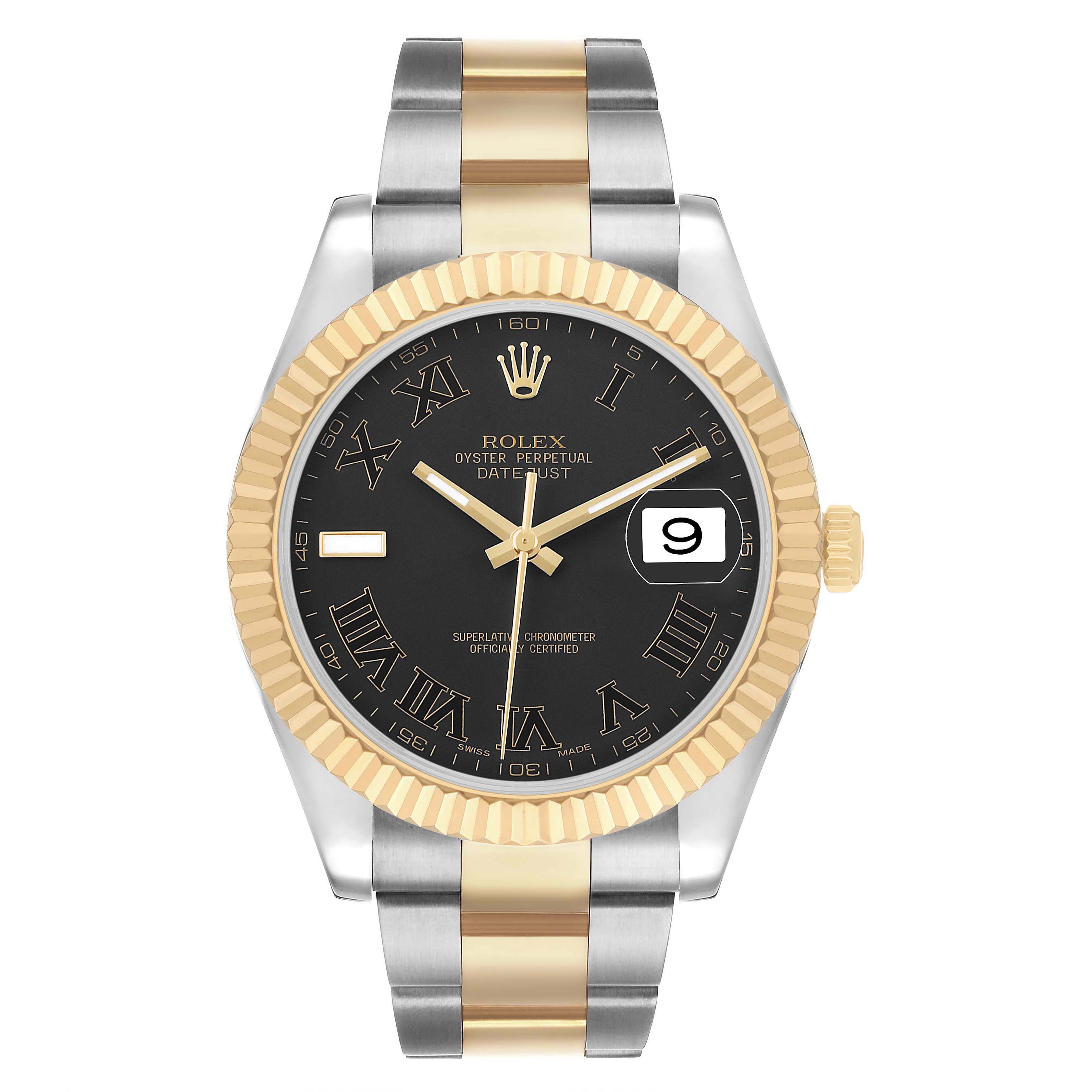 The Rolex Datejust 41 116333 Men's Steel and Gold (two tone) Black Dial watch is shown from the front, highlighting the two-tone bracelet, fluted bezel, and black dial with Roman numerals.
