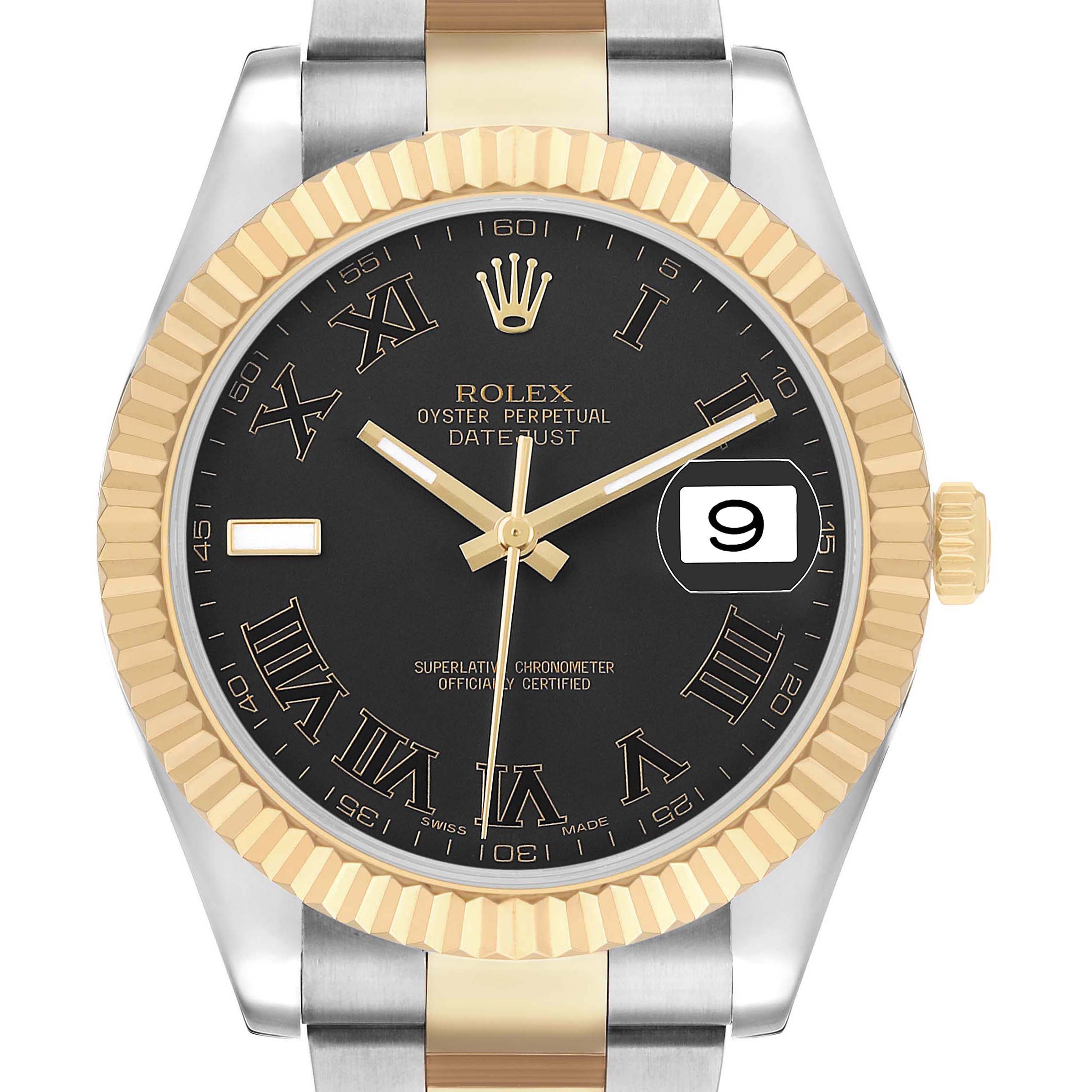 The Rolex Datejust 41 116333 Men's Steel and Gold (two tone) Black Dial is shown from the front, highlighting the black dial, gold Roman numerals, fluted bezel, and the two-tone bracelet.