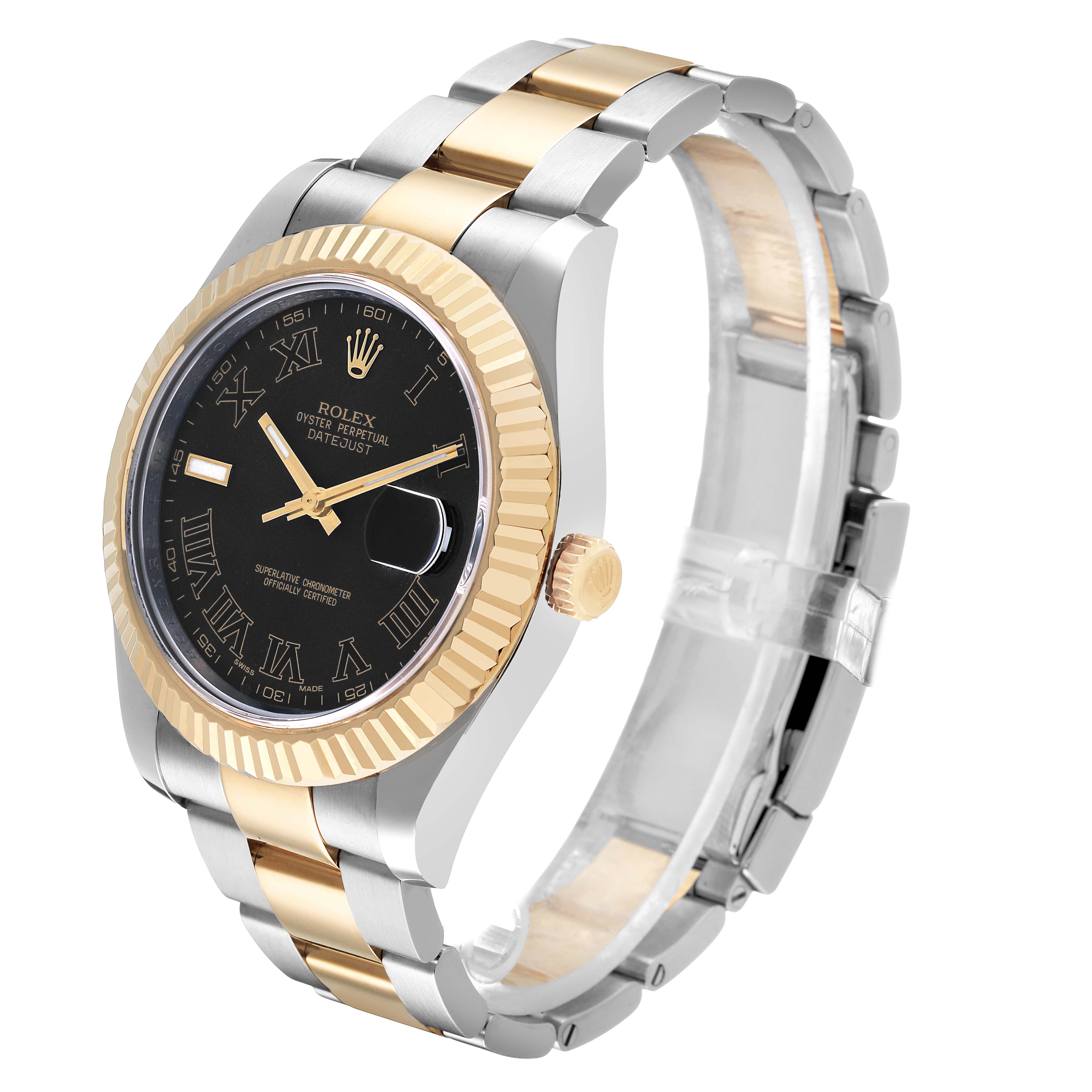 The Rolex Datejust 41 116333 Men's Steel and Gold (two tone) Black Dial watch is shown at a slight angle, highlighting the black dial, gold fluted bezel, and the two-tone bracelet.