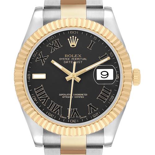 The Rolex Datejust 41 116333 Men's Steel and Gold (two tone) Black Dial is shown from the front, highlighting the bezel, dial, hands, and date window.