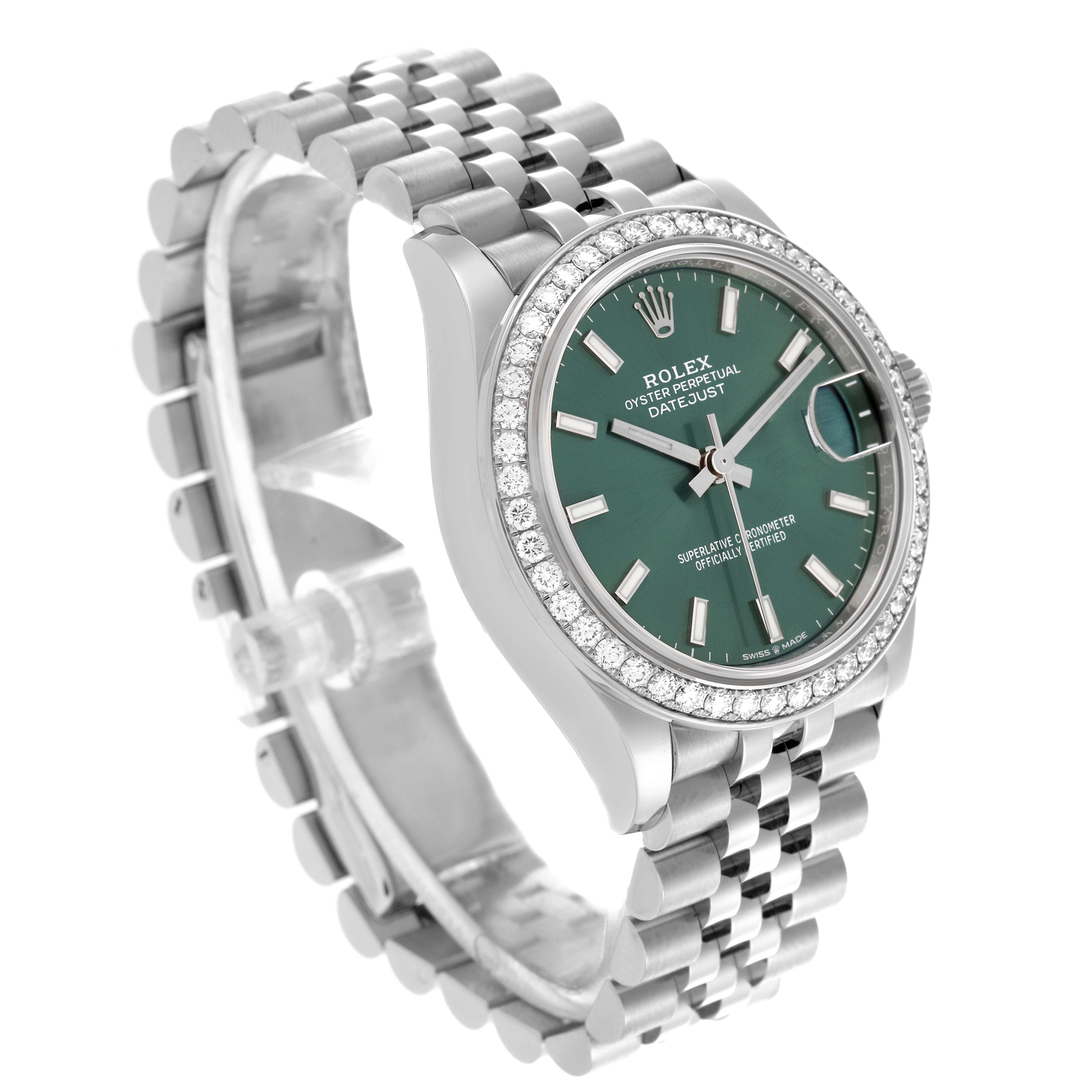 The Rolex Datejust Mid-Size watch is shown at a slight angle, highlighting the green dial, bezel, and Jubilee bracelet.