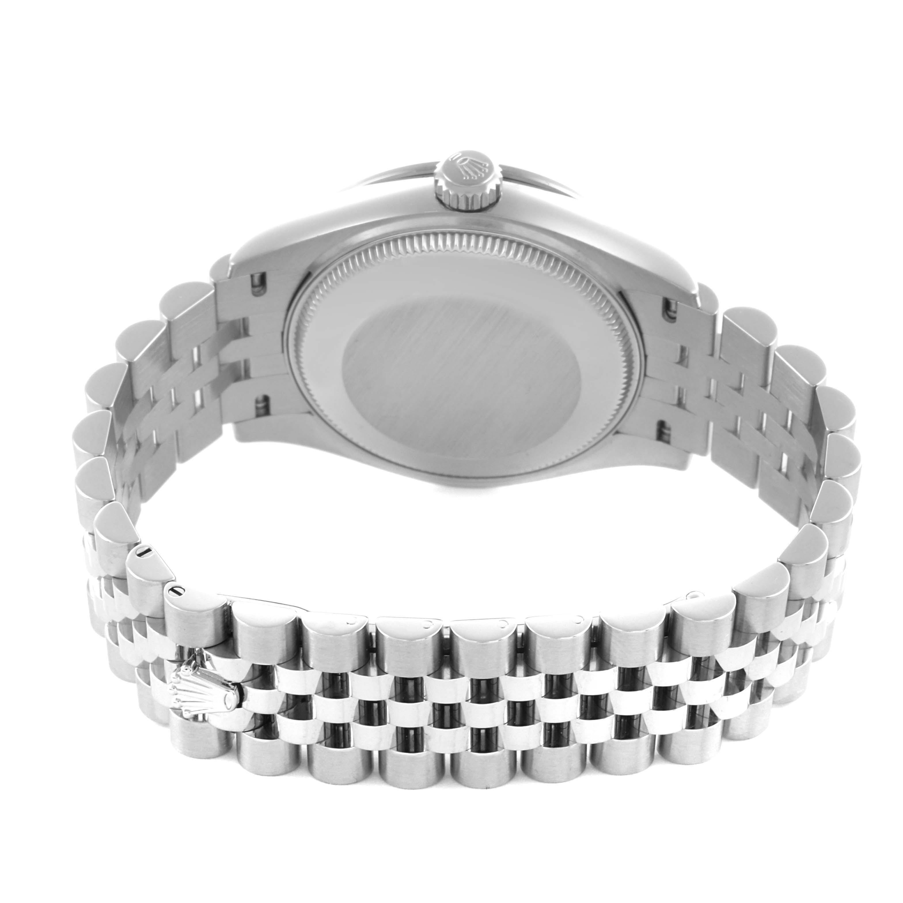 The image shows the back view of a Rolex Mid-Size 278384RBR Women's Stainless Steel Green Dial 278384RBR Women's Stainless Steel Green Dial model watch, highlighting the case back and bracelet.