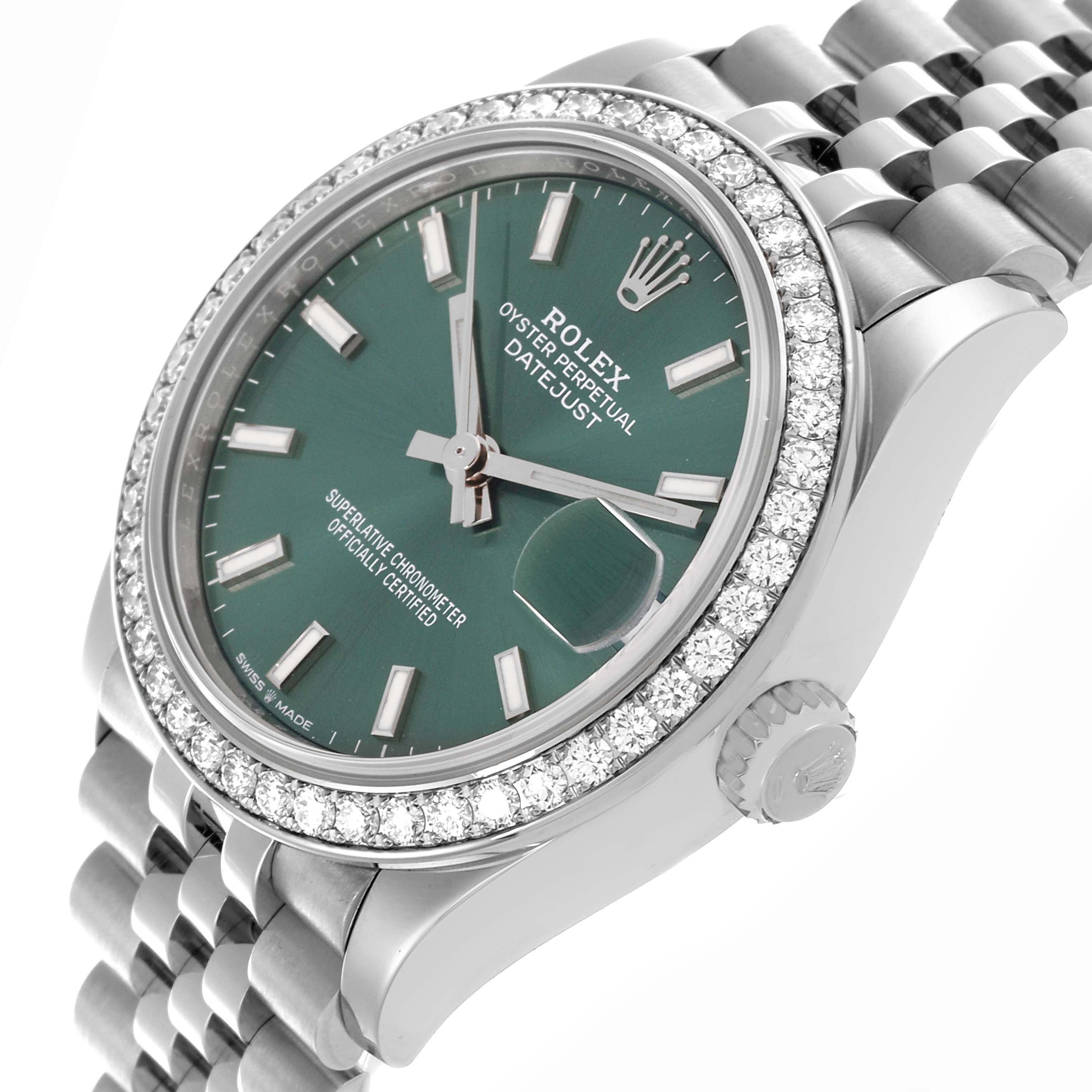 The Rolex Datejust Mid-Size watch is shown at a slight angle, highlighting the green dial, diamond bezel, and jubilee bracelet.