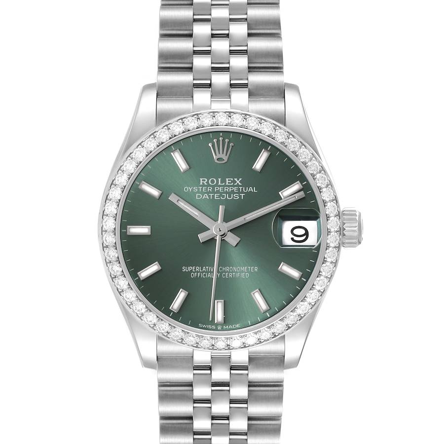 The image shows a front view of a Rolex Datejust Mid-Size watch, featuring a green dial, diamond bezel, and jubilee bracelet.