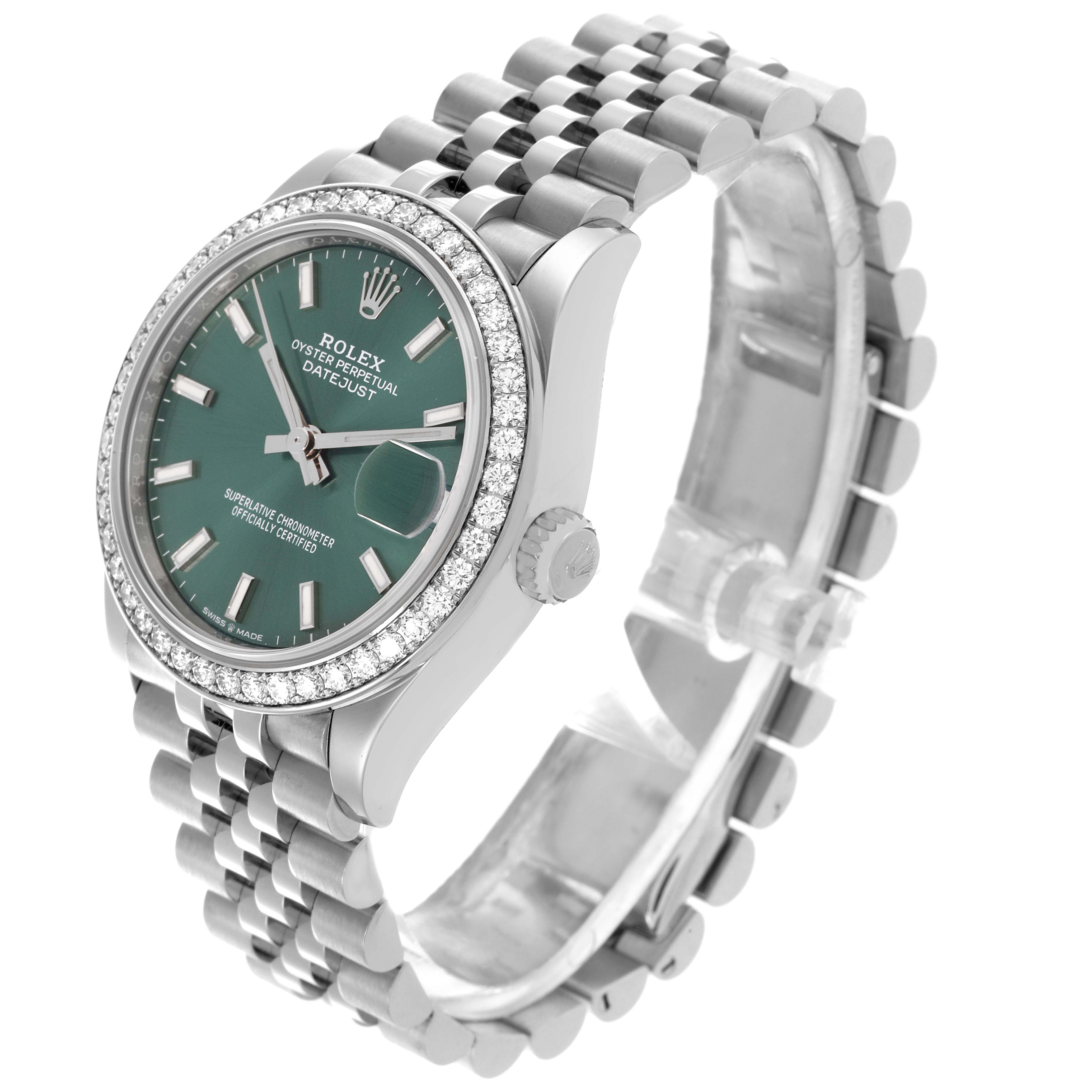 The Rolex Mid-Size 278384RBR Women's Stainless Steel Green Dial 278384RBR Women's Stainless Steel Green Dial model is shown at a slight angle, highlighting its green dial, jeweled bezel, and metal bracelet.