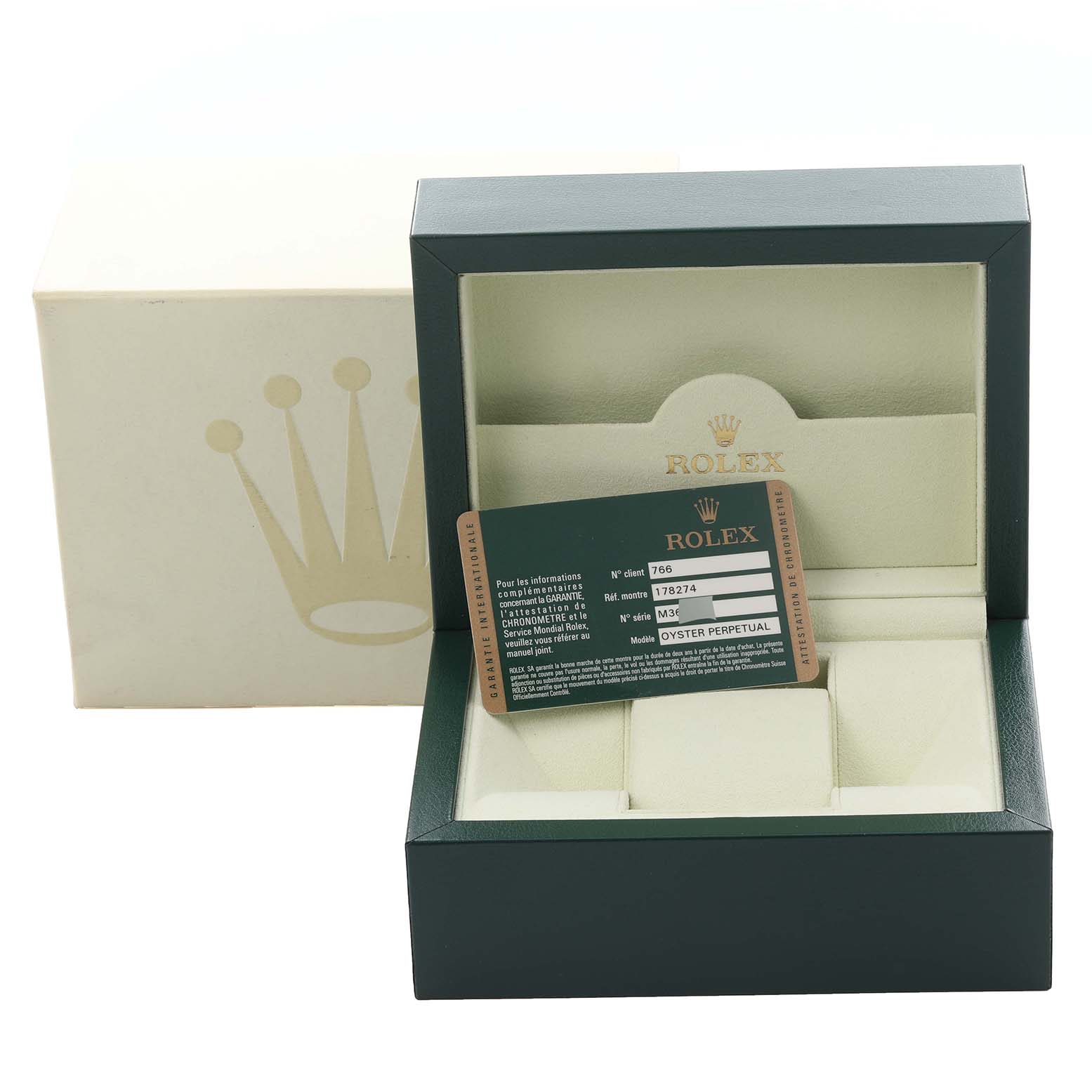 The image shows a Rolex Mid-Size 178274 Women's Stainless Steel Mother of Pearl Dial 178274 Women's Stainless Steel Mother of Pearl Dial watch box and warranty card at an angle displaying the interior and branding.