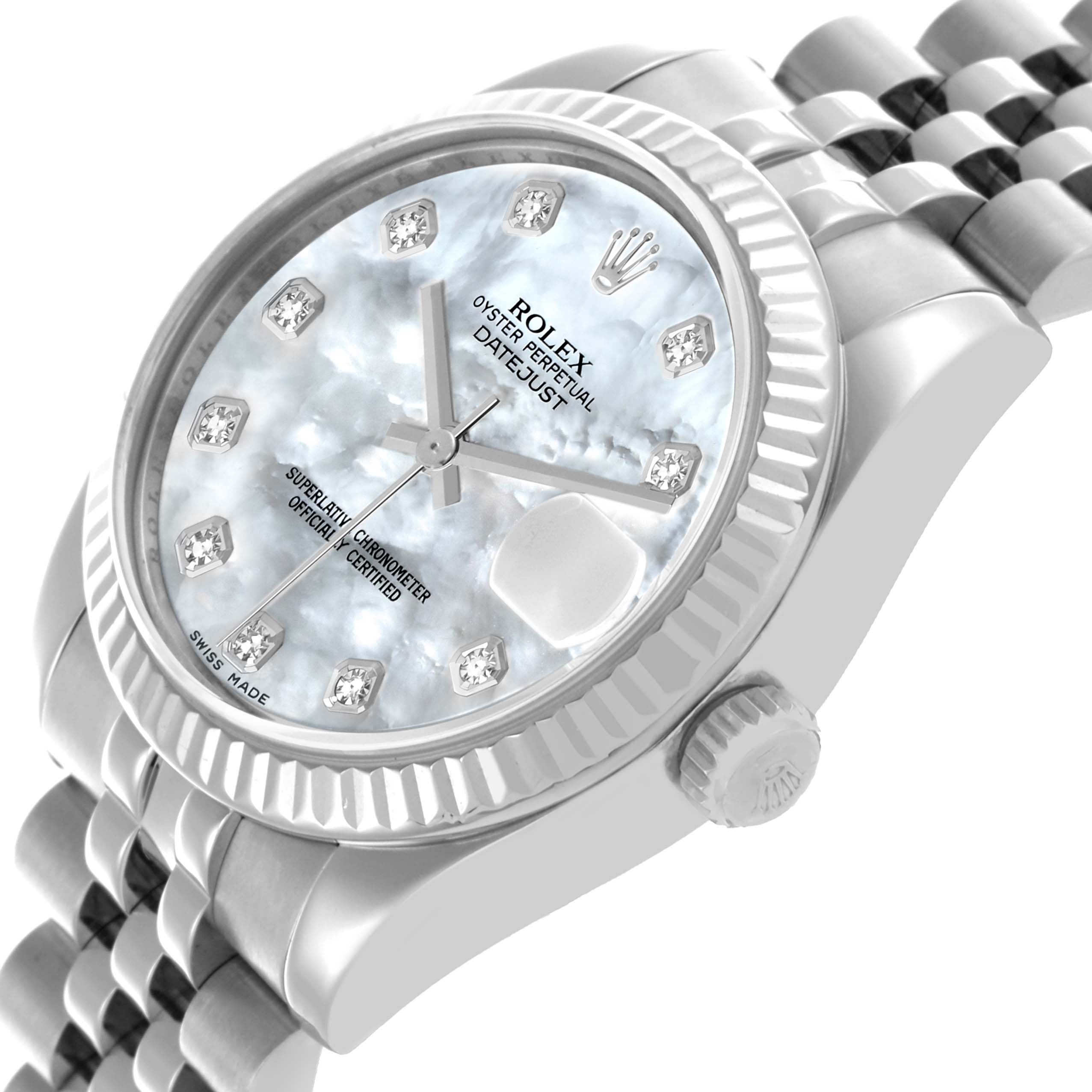 The Rolex Mid-Size 178274 Women's Stainless Steel Mother of Pearl Dial 178274 Women's Stainless Steel Mother of Pearl Dial watch is shown at an angled side view, highlighting the dial, bezel, and part of the bracelet.