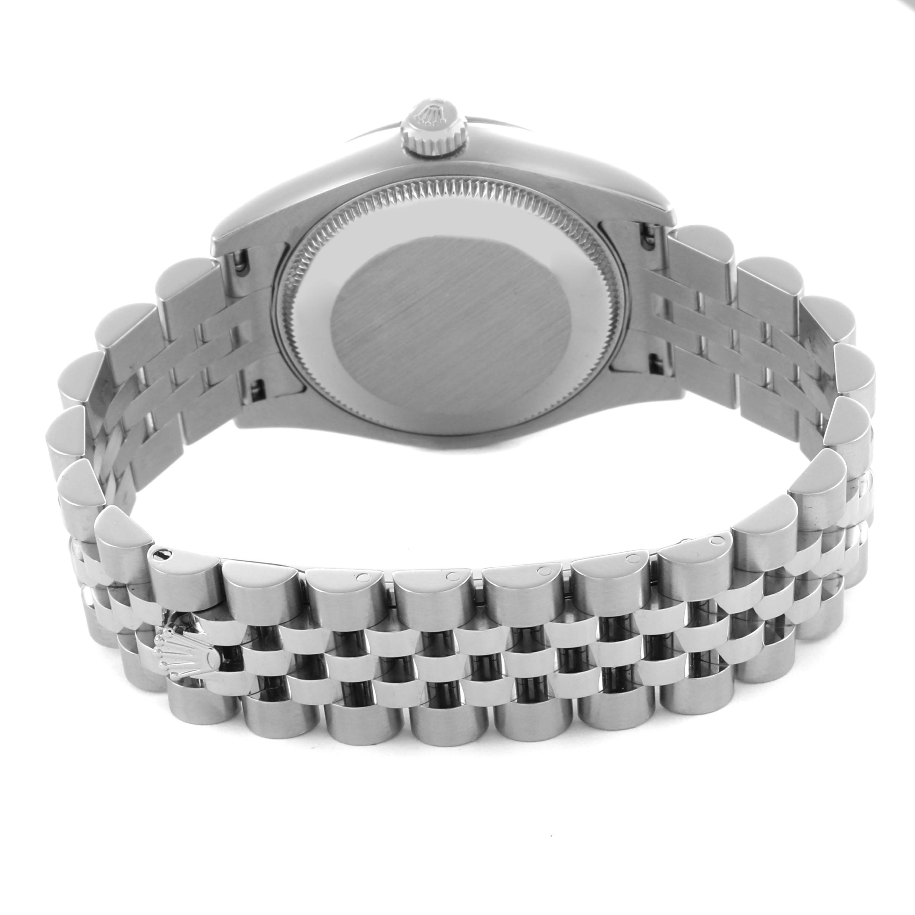 The image shows the back of a Mid-Size Rolex watch, focusing on the case back and Jubilee bracelet links.