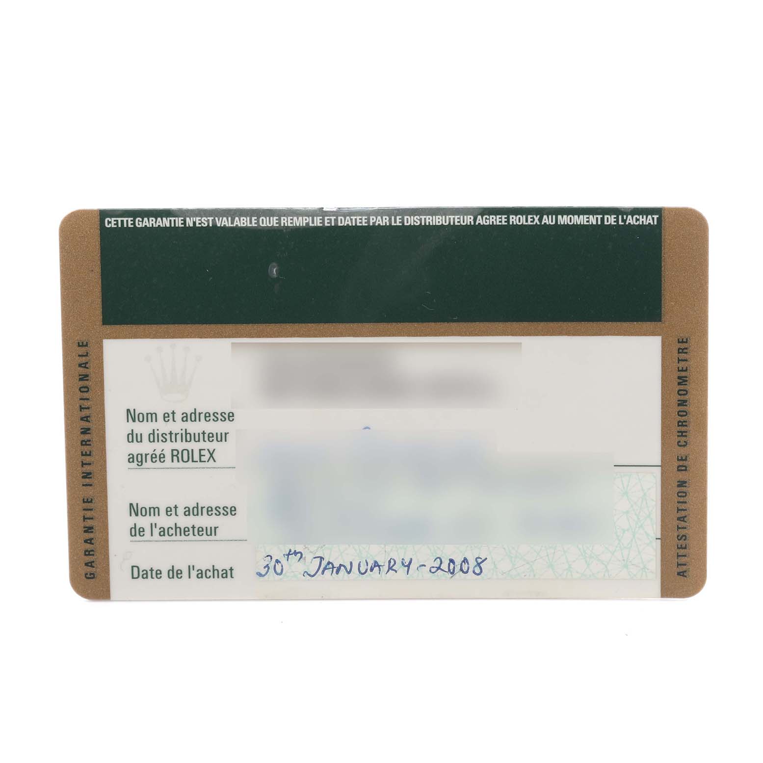 The image shows a Rolex Mid-Size 178274 Women's Stainless Steel Mother of Pearl Dial 178274 Women's Stainless Steel Mother of Pearl Dial model warranty card with date and purchase details visible.