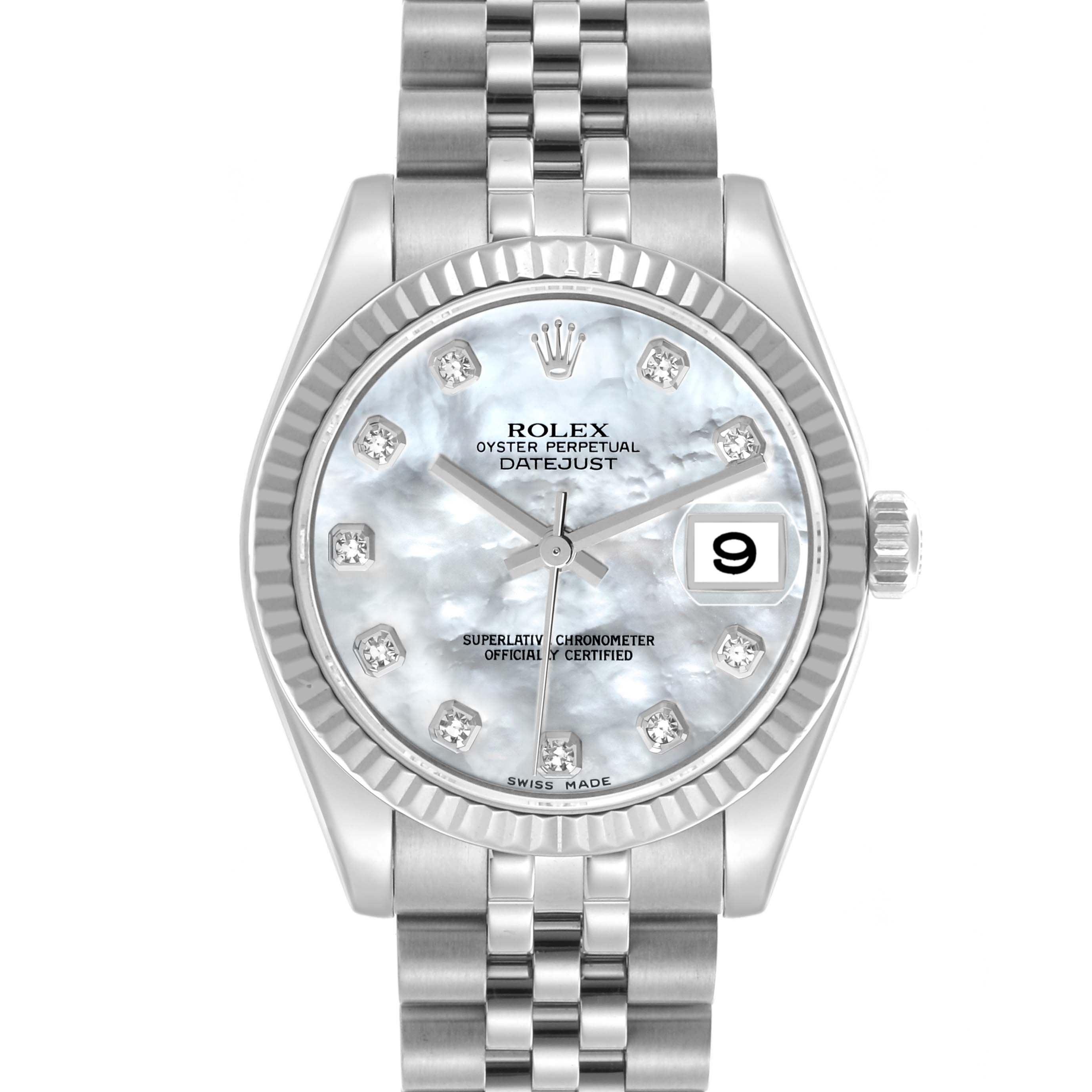 The Rolex Mid-Size 178274 Women's Stainless Steel Mother of Pearl Dial 178274 Women's Stainless Steel Mother of Pearl Dial model is shown from a front angle, highlighting the mother-of-pearl dial, date window, and Jubilee bracelet.