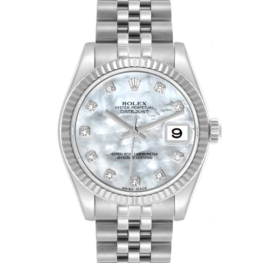 The Rolex Mid-Size model is shown from a front angle, highlighting the mother-of-pearl dial, date window, and Jubilee bracelet.