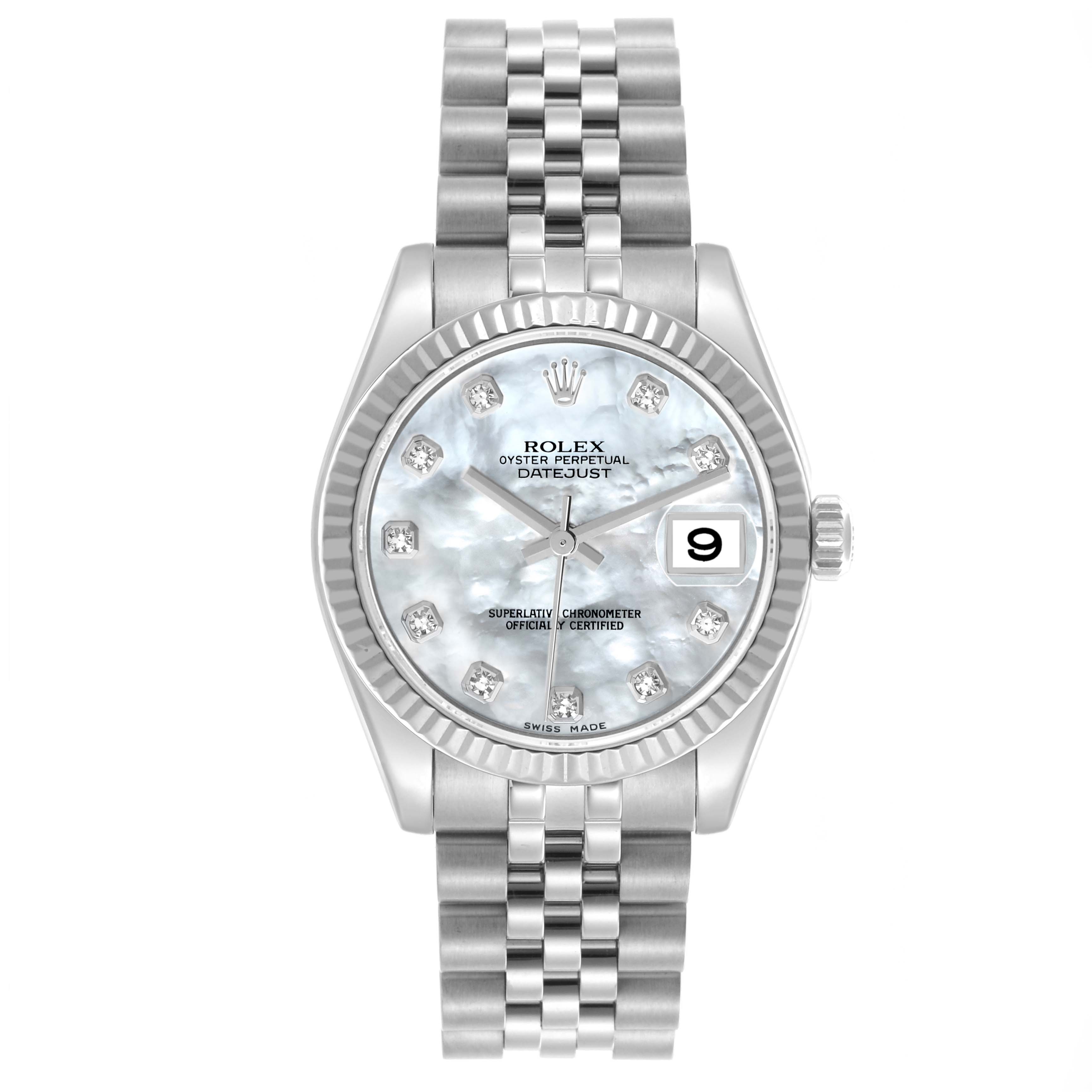 The Rolex Mid-Size 178274 Women's Stainless Steel Mother of Pearl Dial 178274 Women's Stainless Steel Mother of Pearl Dial model is shown from the front, highlighting the dial, bezel, and bracelet.