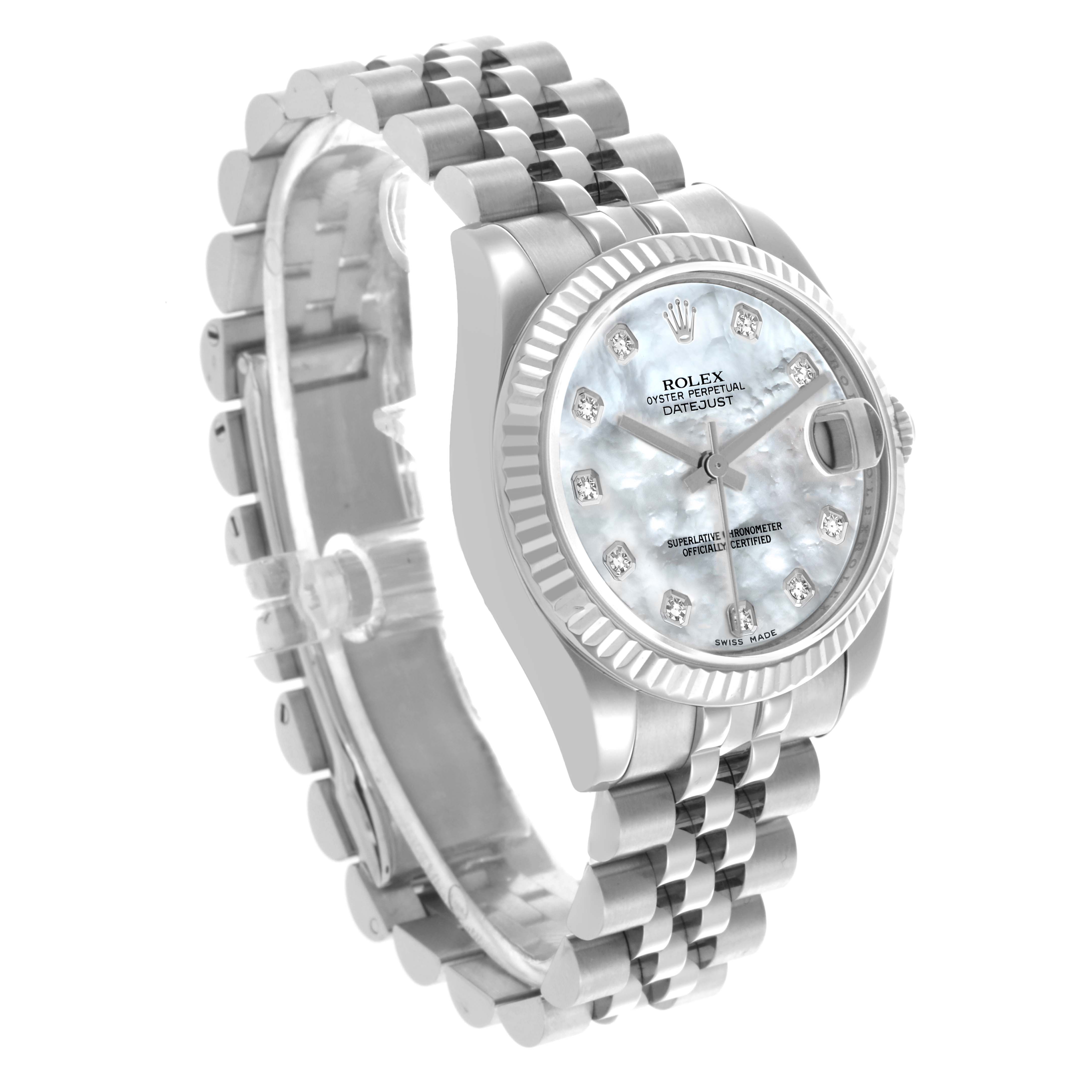 The Rolex Mid-Size 178274 Women's Stainless Steel Mother of Pearl Dial 178274 Women's Stainless Steel Mother of Pearl Dial watch is shown at a three-quarter angle, highlighting the face, bezel, bracelet, and crown.