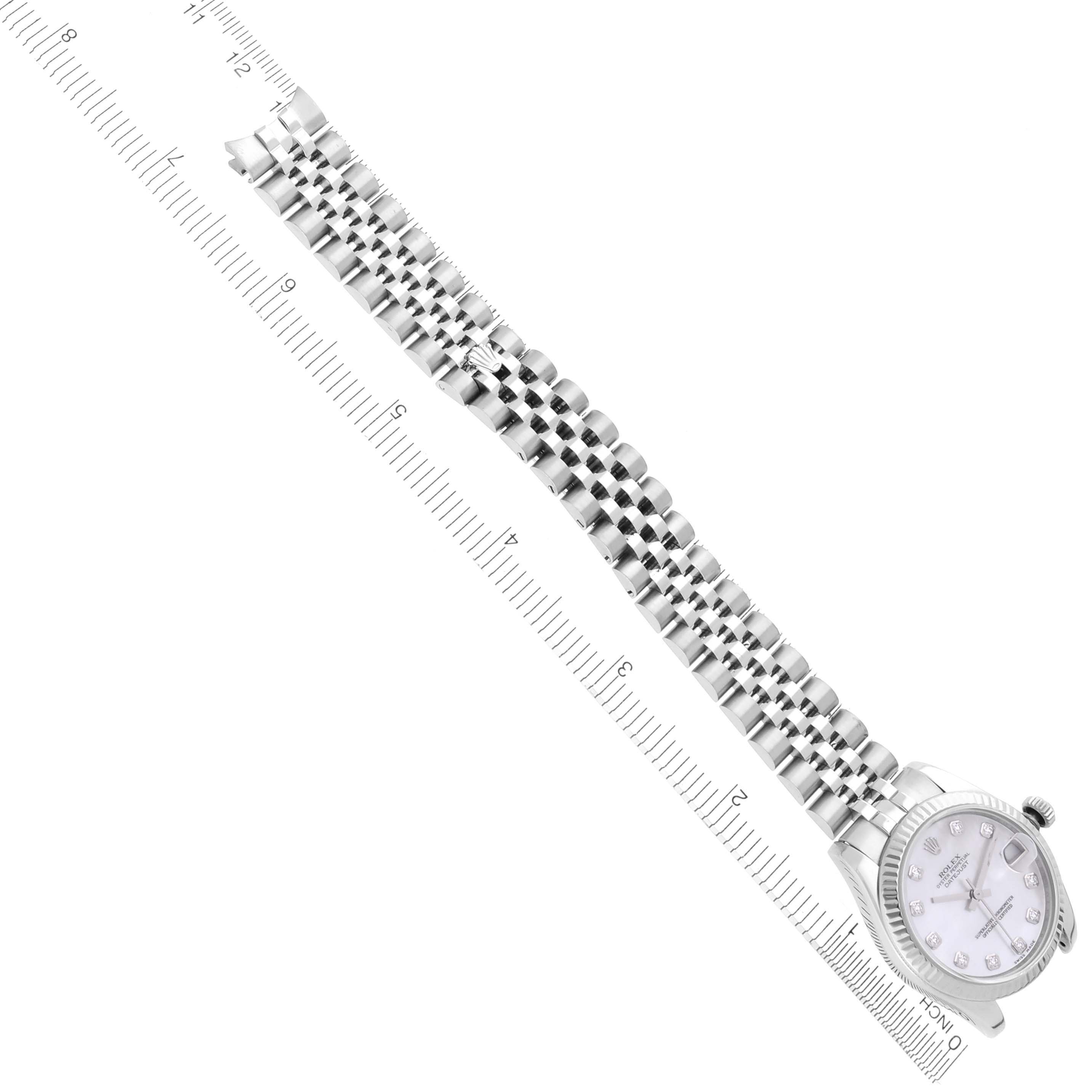 The Rolex Mid-Size 178274 Women's Stainless Steel Mother of Pearl Dial 178274 Women's Stainless Steel Mother of Pearl Dial watch is shown laid flat with a full view of the face, bezel, and bracelet.