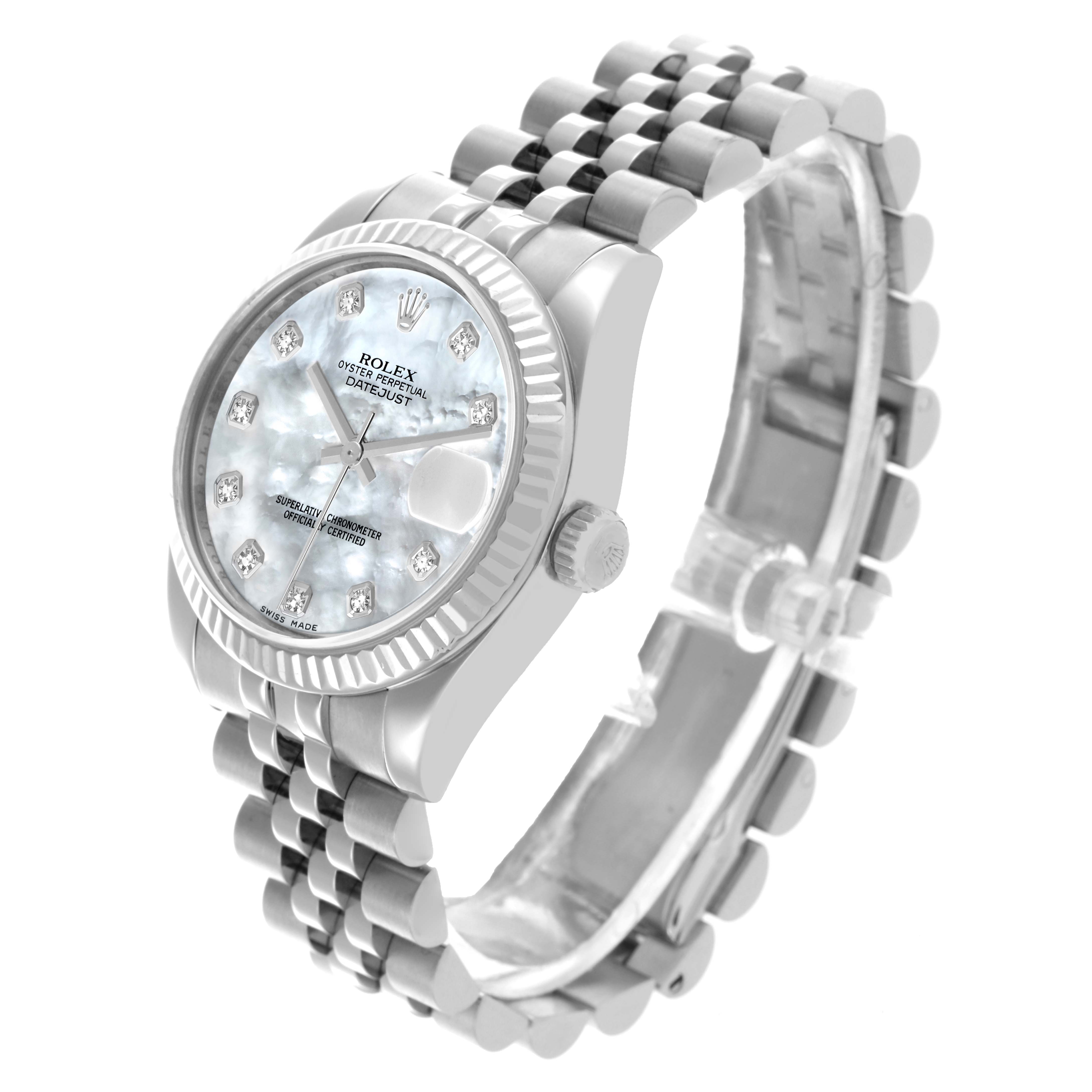 The Rolex Mid-Size 178274 Women's Stainless Steel Mother of Pearl Dial 178274 Women's Stainless Steel Mother of Pearl Dial watch is shown at a three-quarter angle, highlighting the dial, bezel, and Jubilee bracelet.