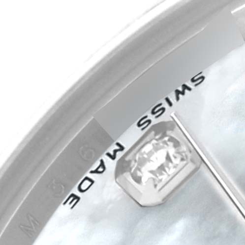 The image shows a close-up of the dial of a Rolex Mid-Size 178274 Women's Stainless Steel Mother of Pearl Dial 178274 Women's Stainless Steel Mother of Pearl Dial watch, highlighting the "SWISS MADE" text and a date window.