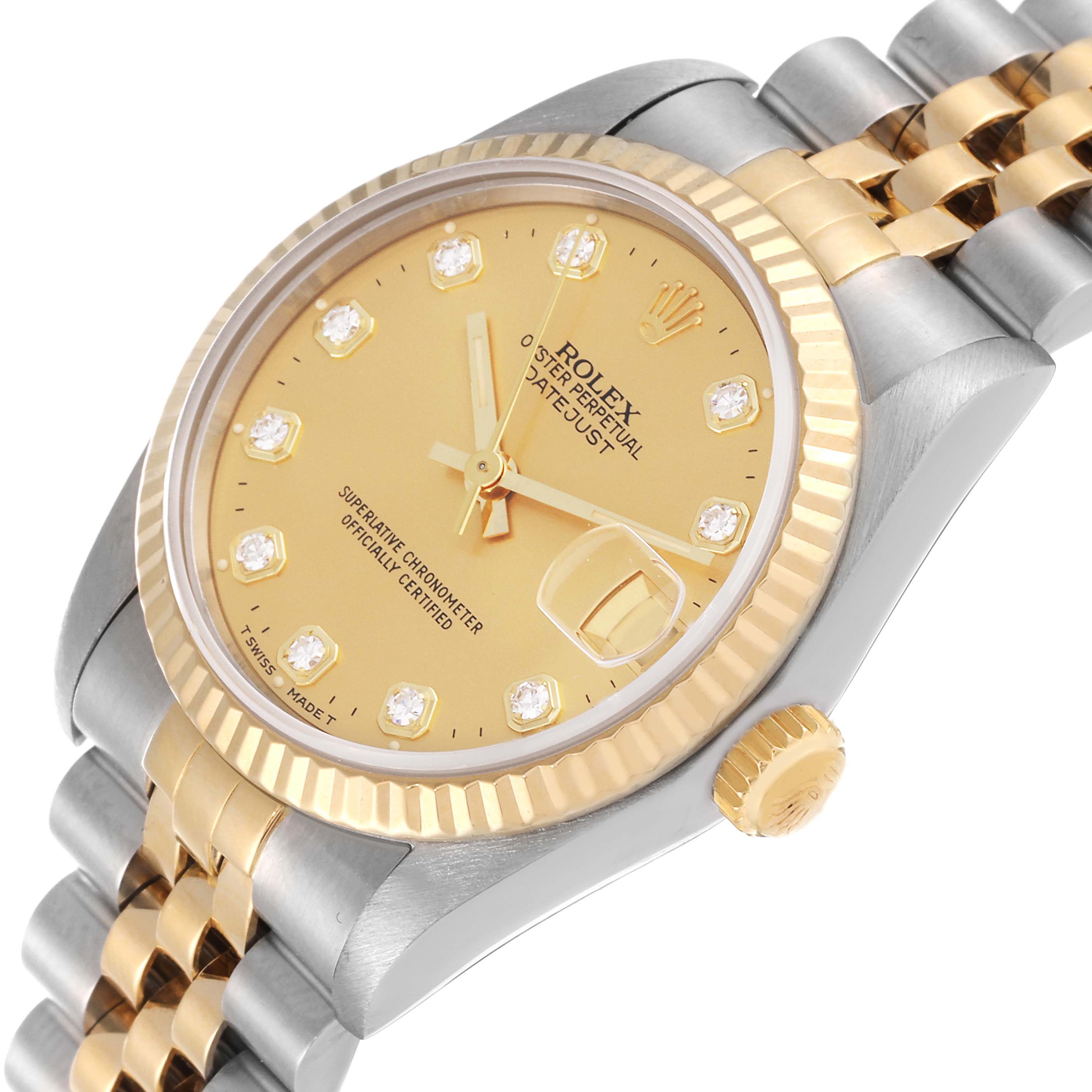 This image shows a close-up of a Rolex Mid-Size 68273 Women
s Steel and Gold (two tone) Champagne Dial 68273 Women
s Steel and Gold (two tone) Champagne Dial Datejust watch, highlighting the gold and silver bracelet, dial, and crown.