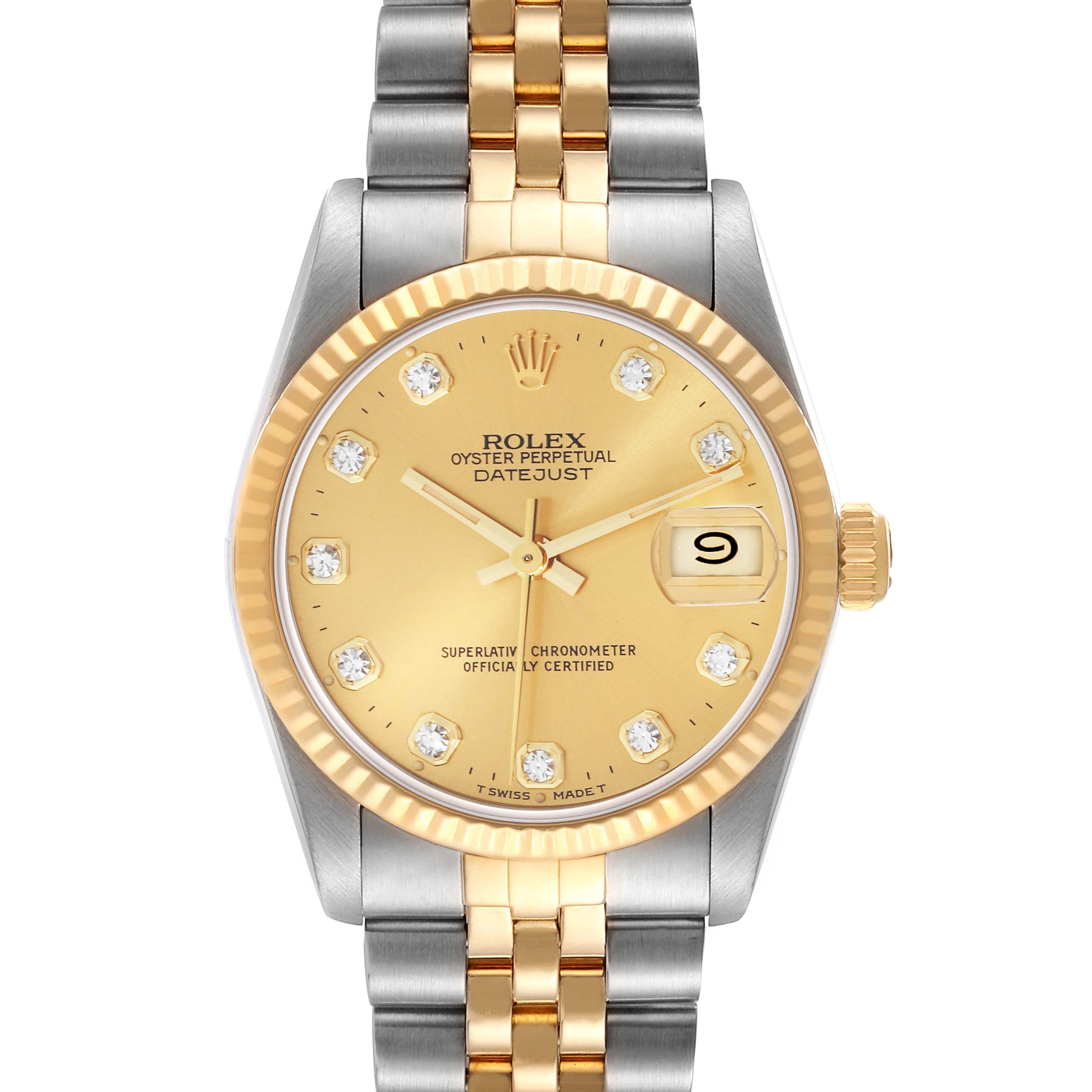 This image shows a front view of a Rolex Oyster Perpetual Datejust Mid-Size watch with a gold dial and two-tone bracelet.