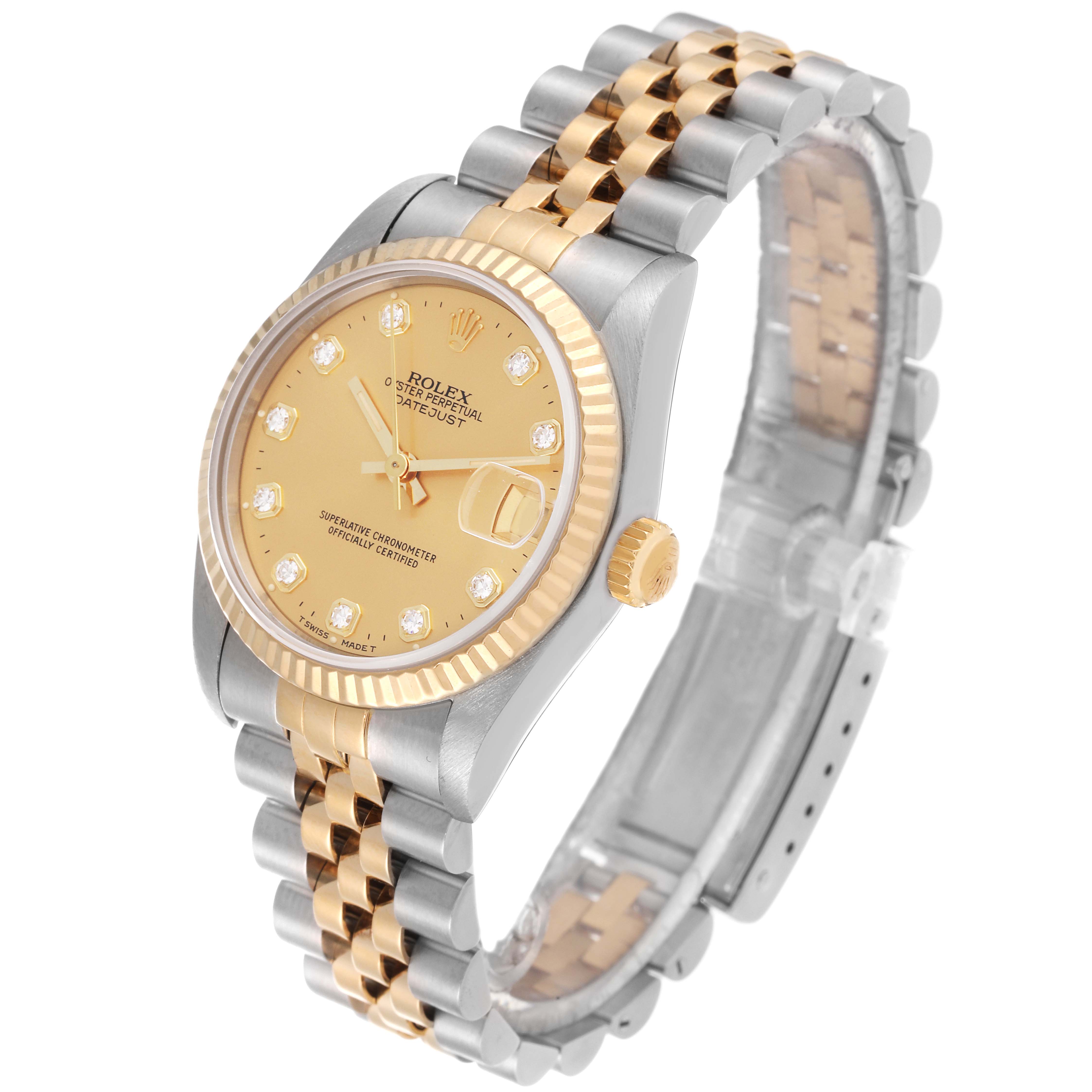 The image shows a Mid-Size Rolex Datejust watch at an angle showcasing its gold and silver bracelet, gold face, and fluted bezel.