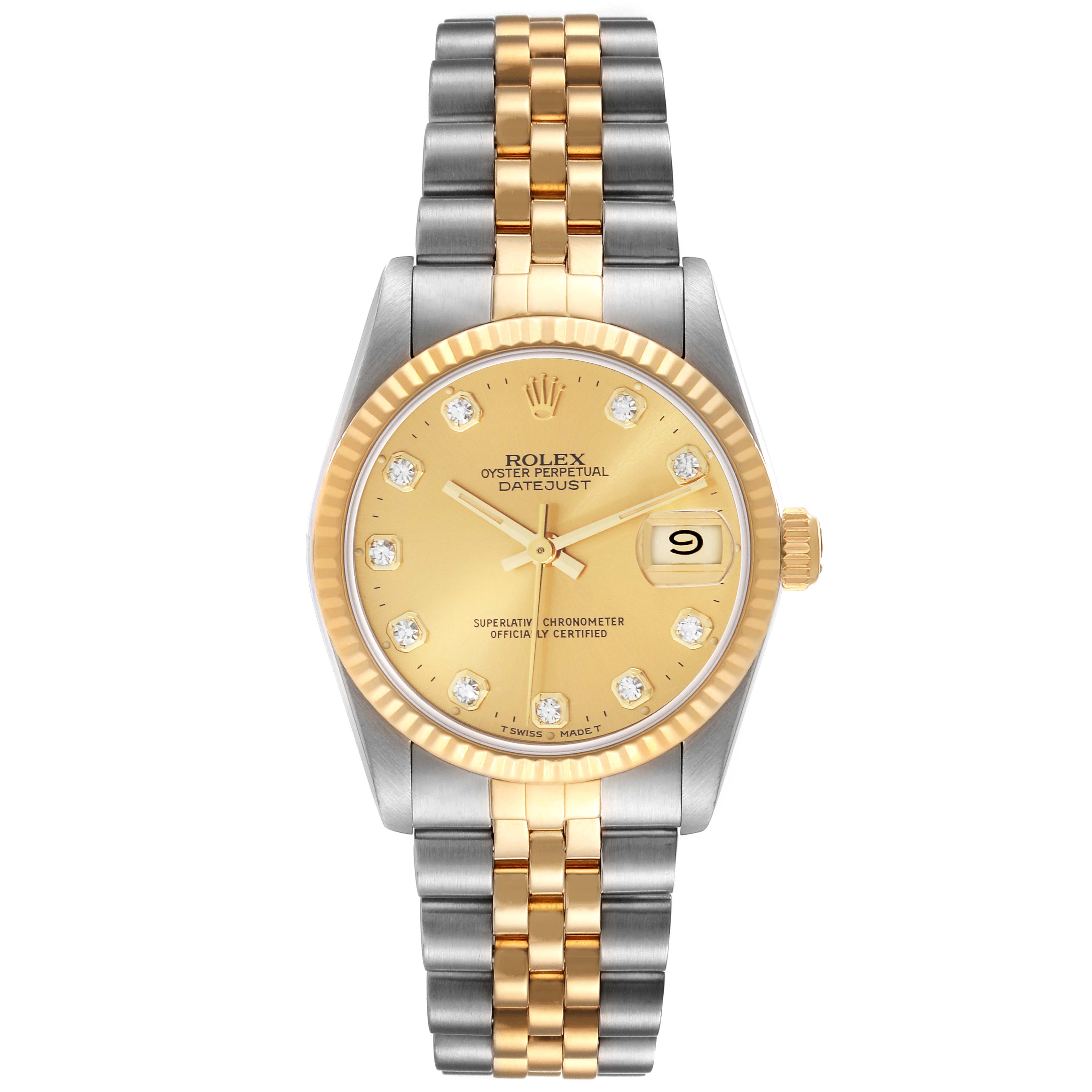 The image displays a front view of a Rolex Mid-Size 68273 Women
s Steel and Gold (two tone) Champagne Dial 68273 Women
s Steel and Gold (two tone) Champagne Dial Oyster Perpetual Datejust watch, showcasing its dial, bezel, and bracelet.