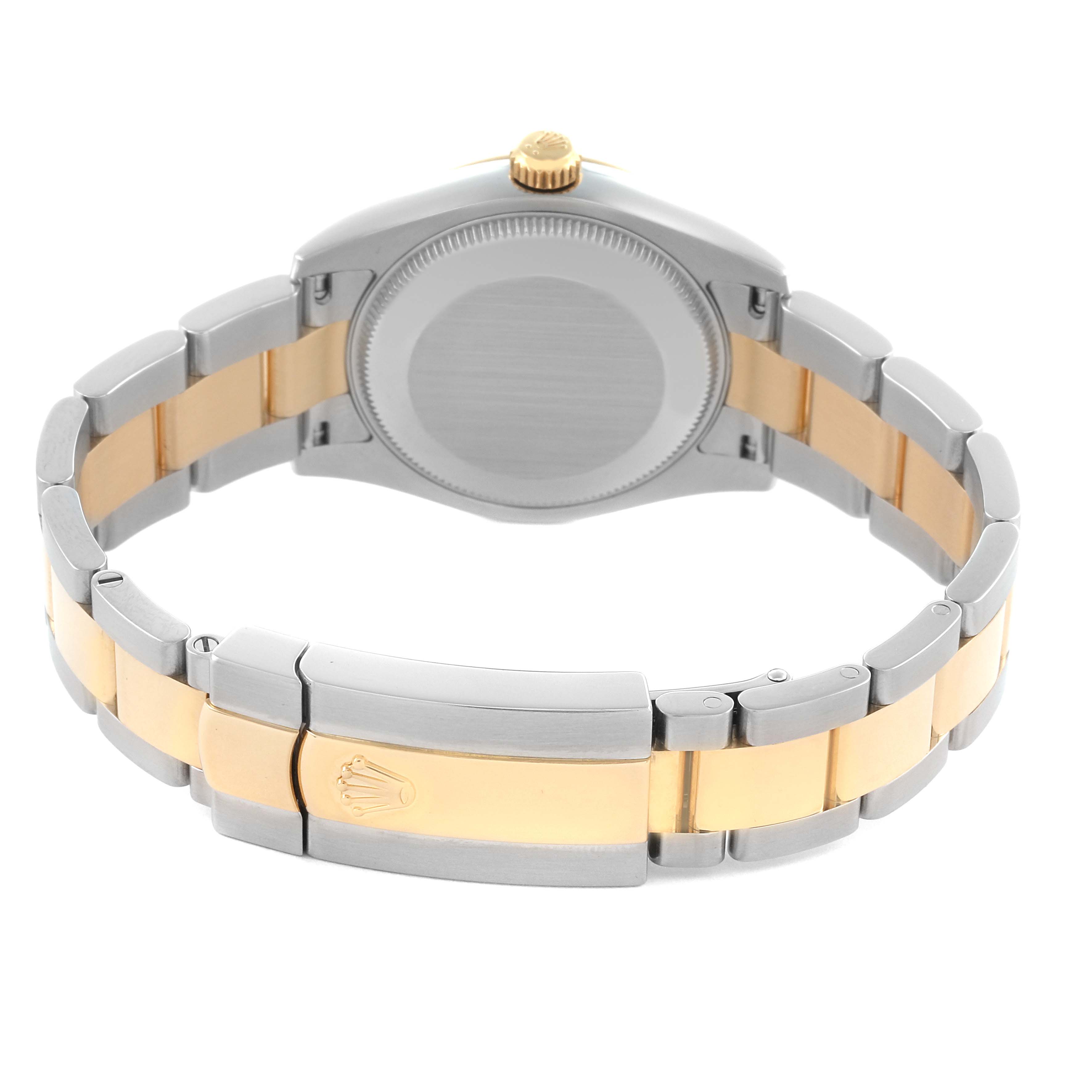 The image shows the back and bracelet of a Mid-Size Rolex watch, highlighting the two-tone metal design and clasp.
