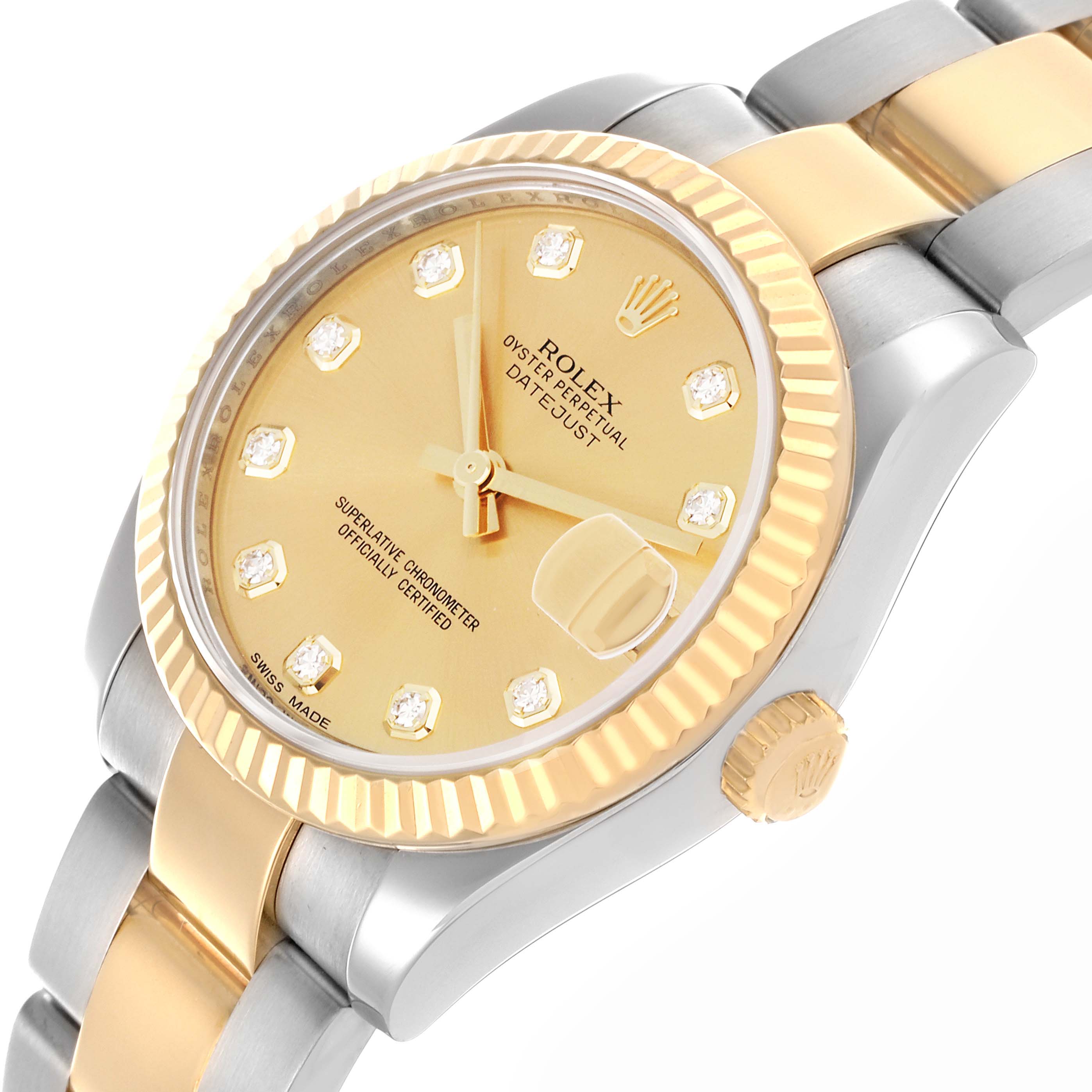The Rolex Mid-Size 178273 Women's Steel and Gold (two tone) Champagne Dial 178273 Women's Steel and Gold (two tone) Champagne Dial watch is shown at an angled view, highlighting the dial, bezel, case, and part of the bracelet.