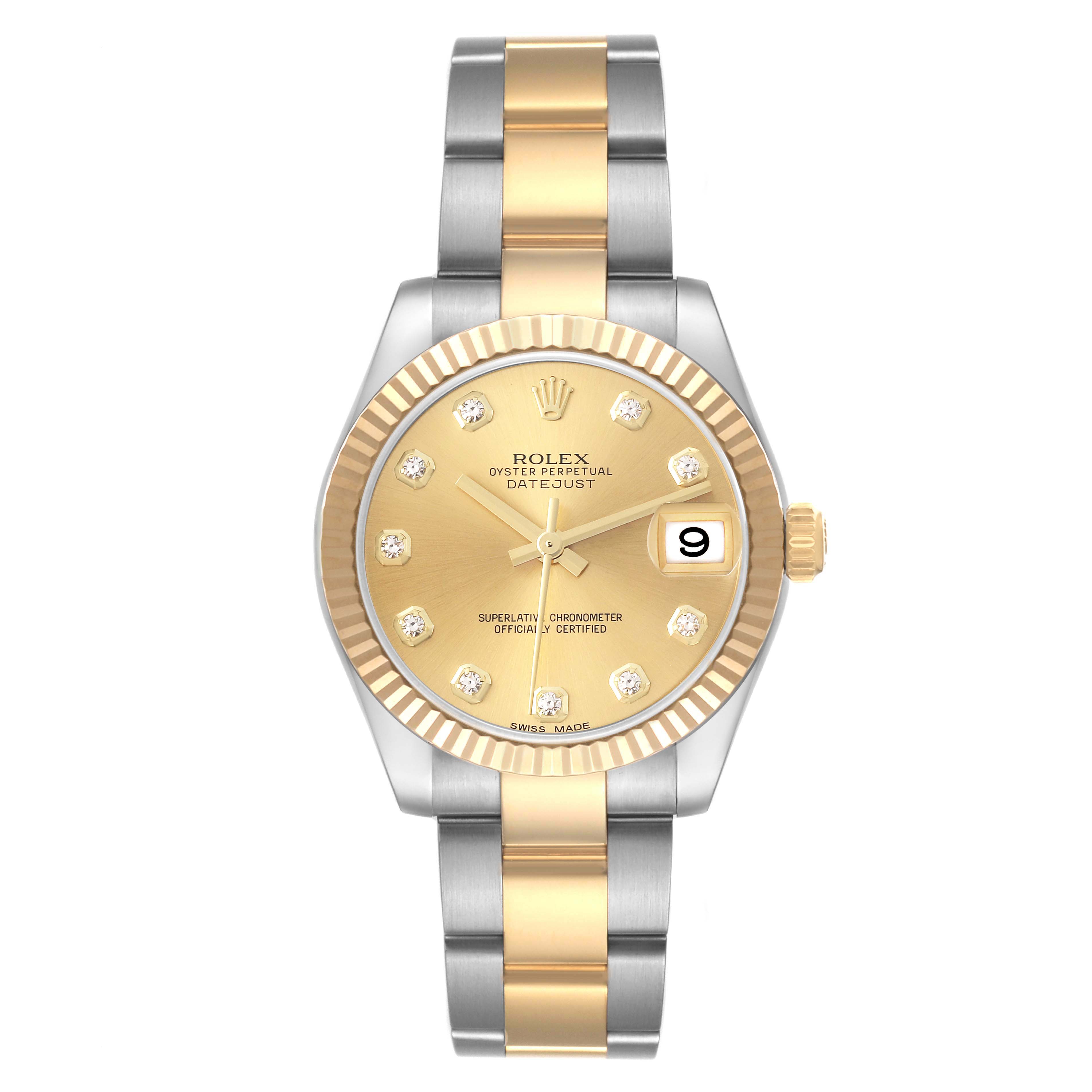 The Rolex Mid-Size 178273 Women's Steel and Gold (two tone) Champagne Dial 178273 Women's Steel and Gold (two tone) Champagne Dial watch is shown entirely from a front angle, highlighting its dial, bezel, and two-tone bracelet.