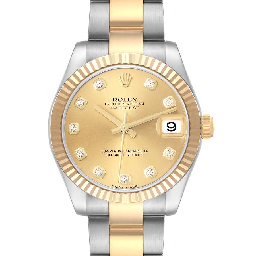 The Rolex Mid-Size Datejust is shown from a front angle, highlighting the gold dial, diamond markers, and two-tone bracelet.