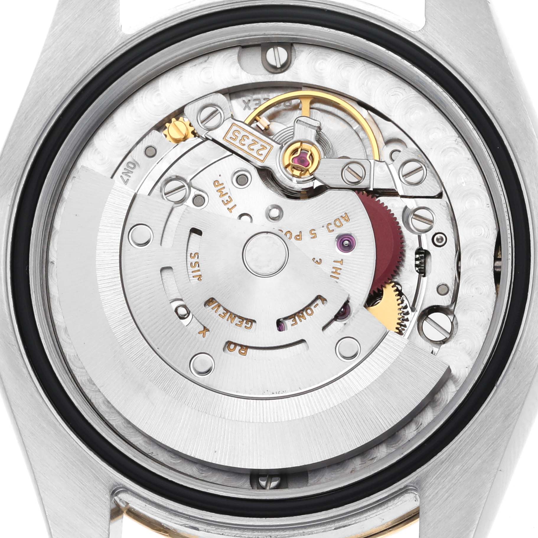 This image shows the movement from the back of a Rolex Mid-Size 178273 Women's Steel and Gold (two tone) Champagne Dial 178273 Women's Steel and Gold (two tone) Champagne Dial watch, highlighting its internal mechanics.