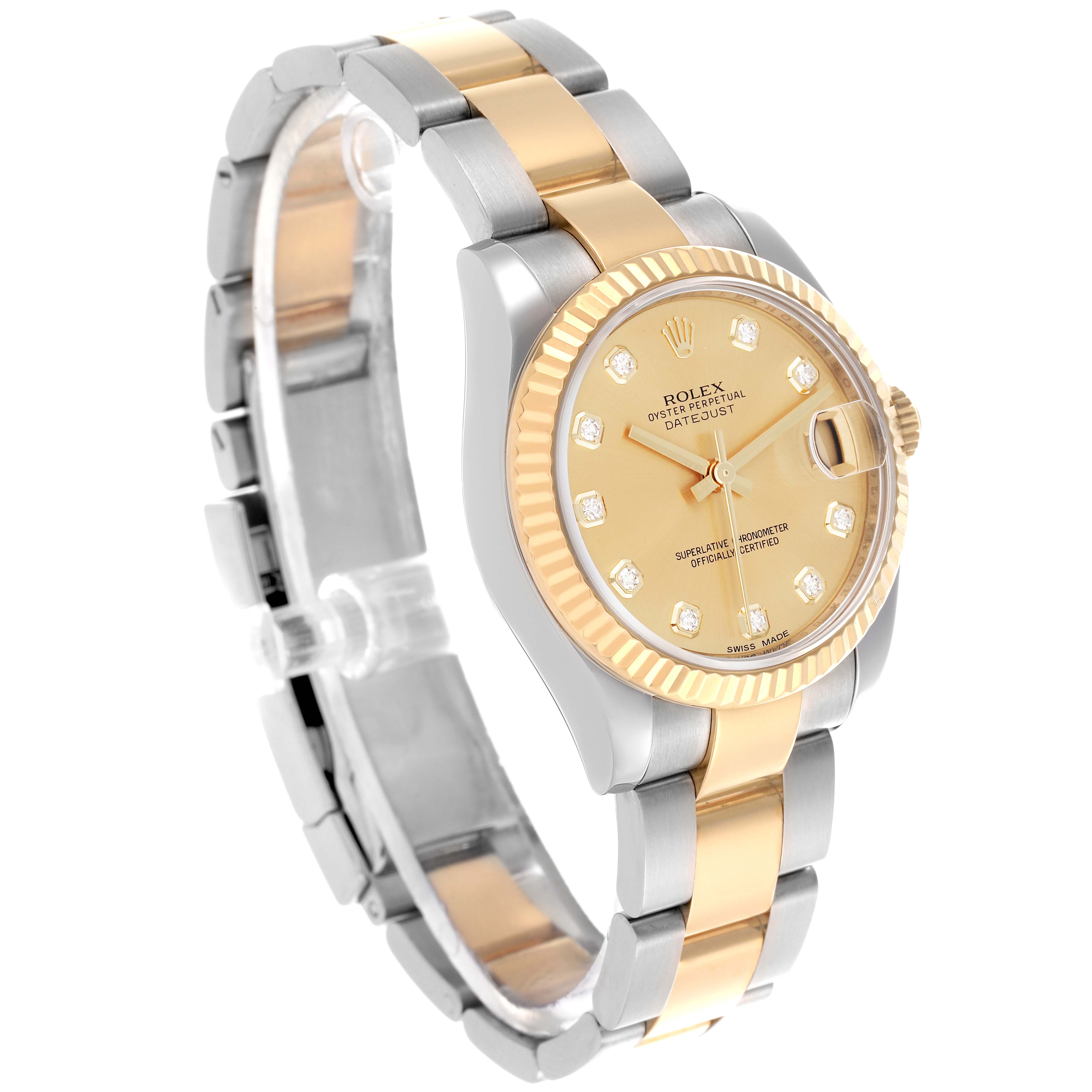 The Rolex Mid-Size 178273 Women's Steel and Gold (two tone) Champagne Dial 178273 Women's Steel and Gold (two tone) Champagne Dial watch is shown at a three-quarter angle, displaying its gold and silver bracelet and diamond-accented dial.