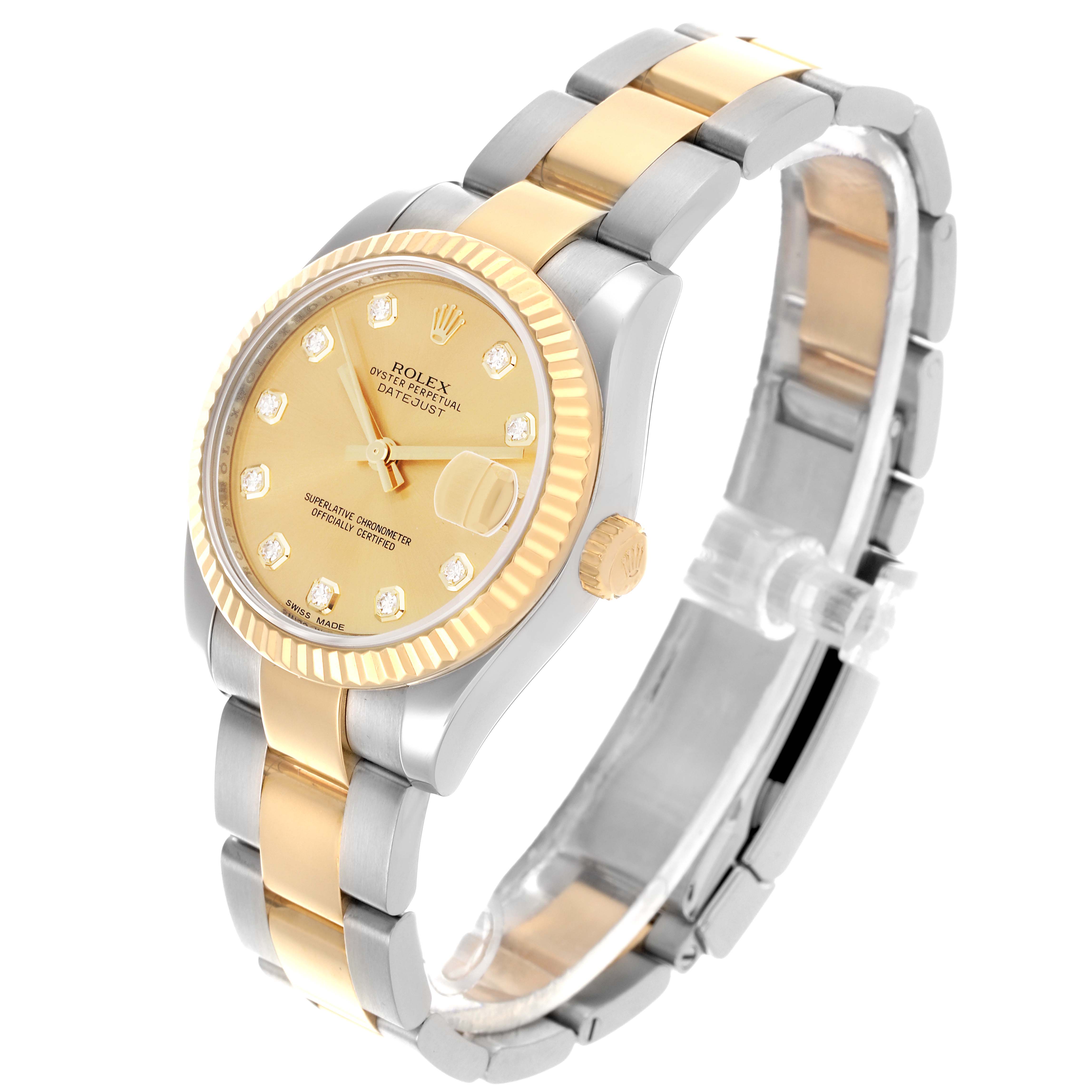 The Rolex Mid-Size 178273 Women's Steel and Gold (two tone) Champagne Dial 178273 Women's Steel and Gold (two tone) Champagne Dial watch is shown at a 3/4 angle, displaying its face, bracelet, and crown with a two-tone finish.