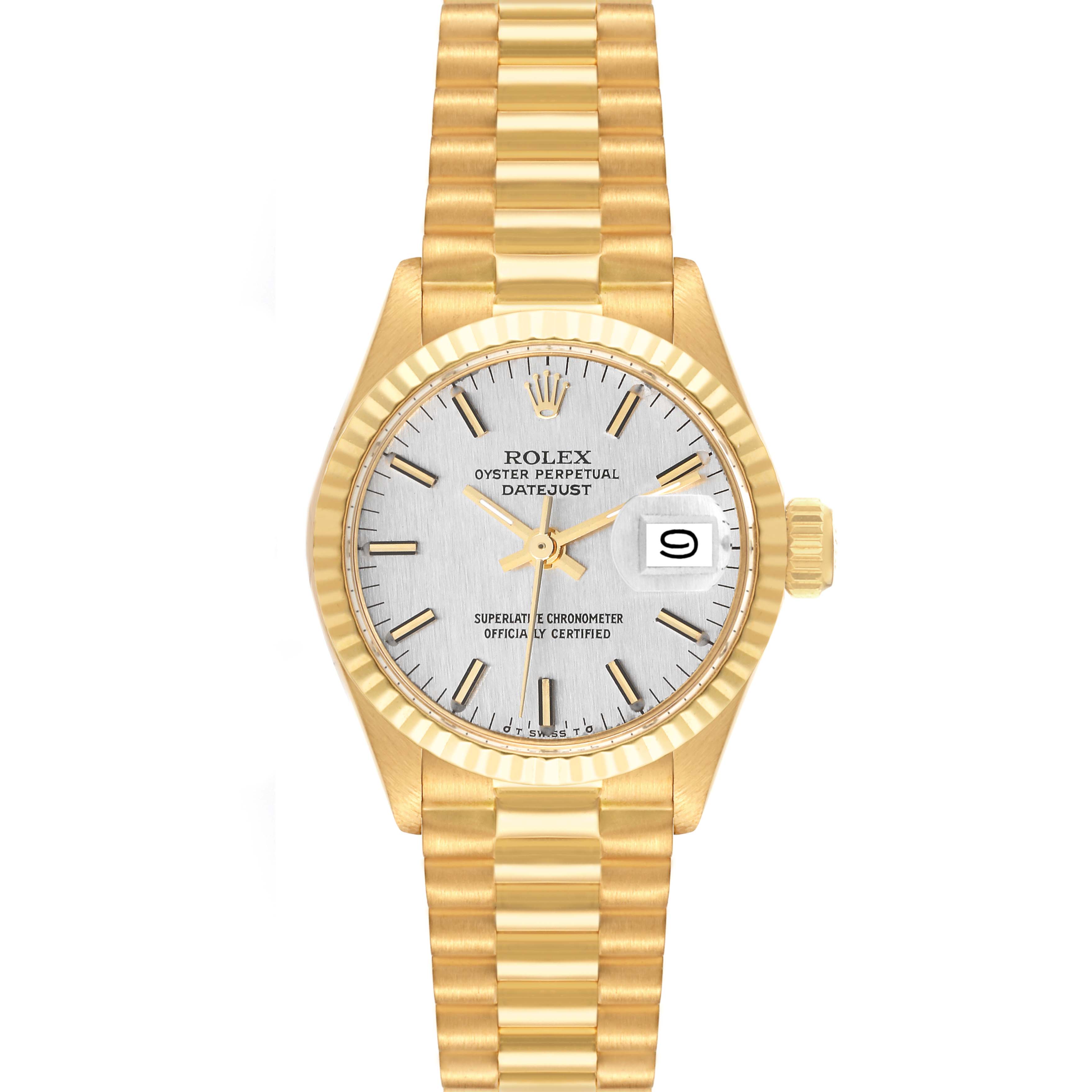 The Rolex President 6917 Women's Yellow Gold Silver Dial model is shown from the front, displaying the dial, bracelet, bezel, and date window.