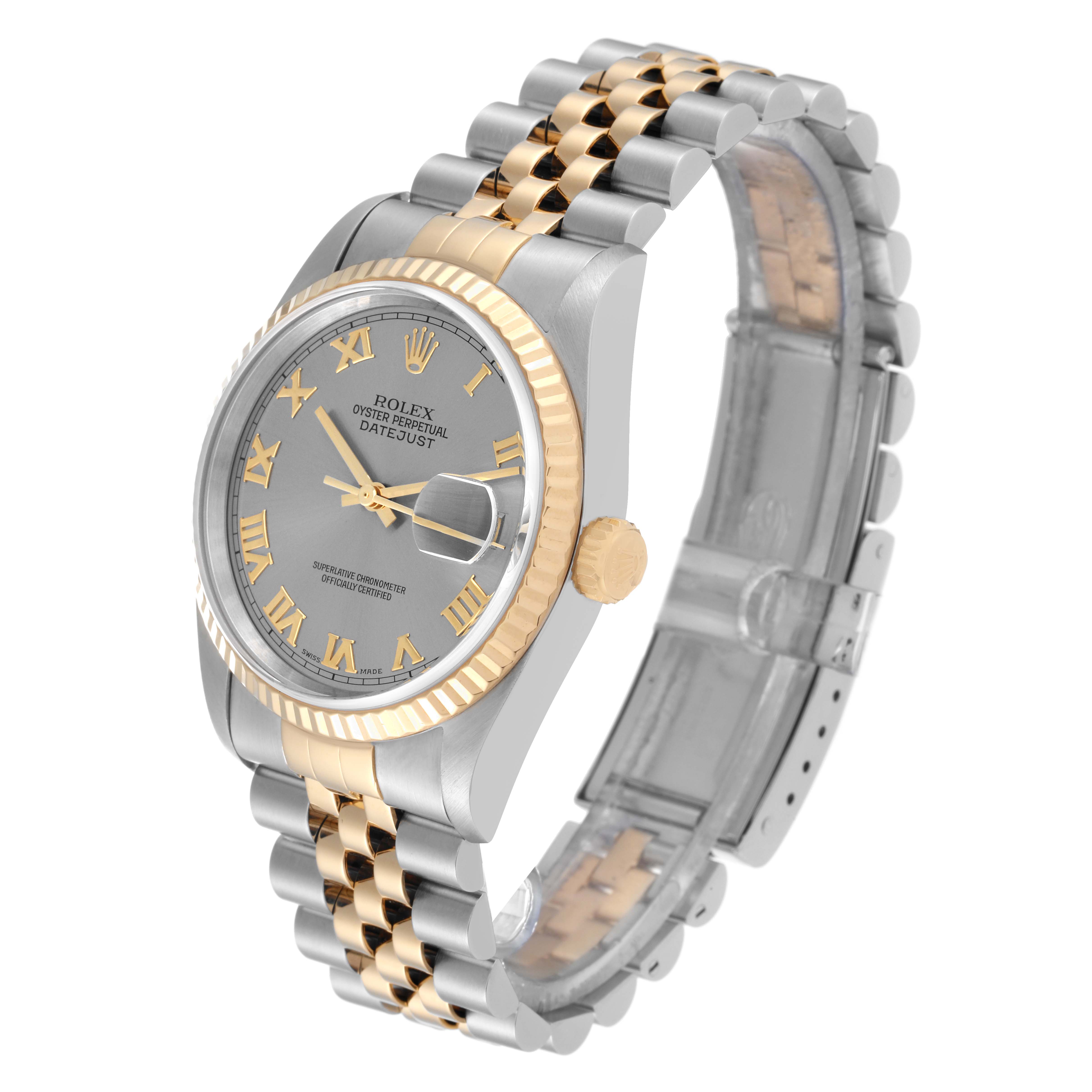 The image shows a Rolex Datejust 16233 Men's Steel and Gold (two tone) Grey Dial 16233 Men's Steel and Gold (two tone) Grey Dial watch at a three-quarter front angle, displaying the watch face, fluted bezel, and jubilee bracelet.