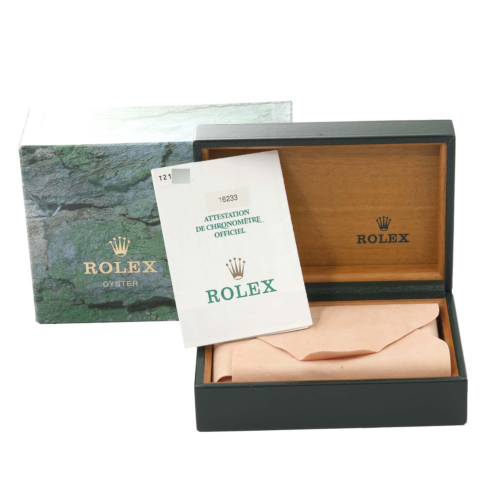 The image shows an open Rolex Datejust 16233 Men's Steel and Gold (two tone) Grey Dial 16233 Men's Steel and Gold (two tone) Grey Dial watch box with a certificate and the outer green box.