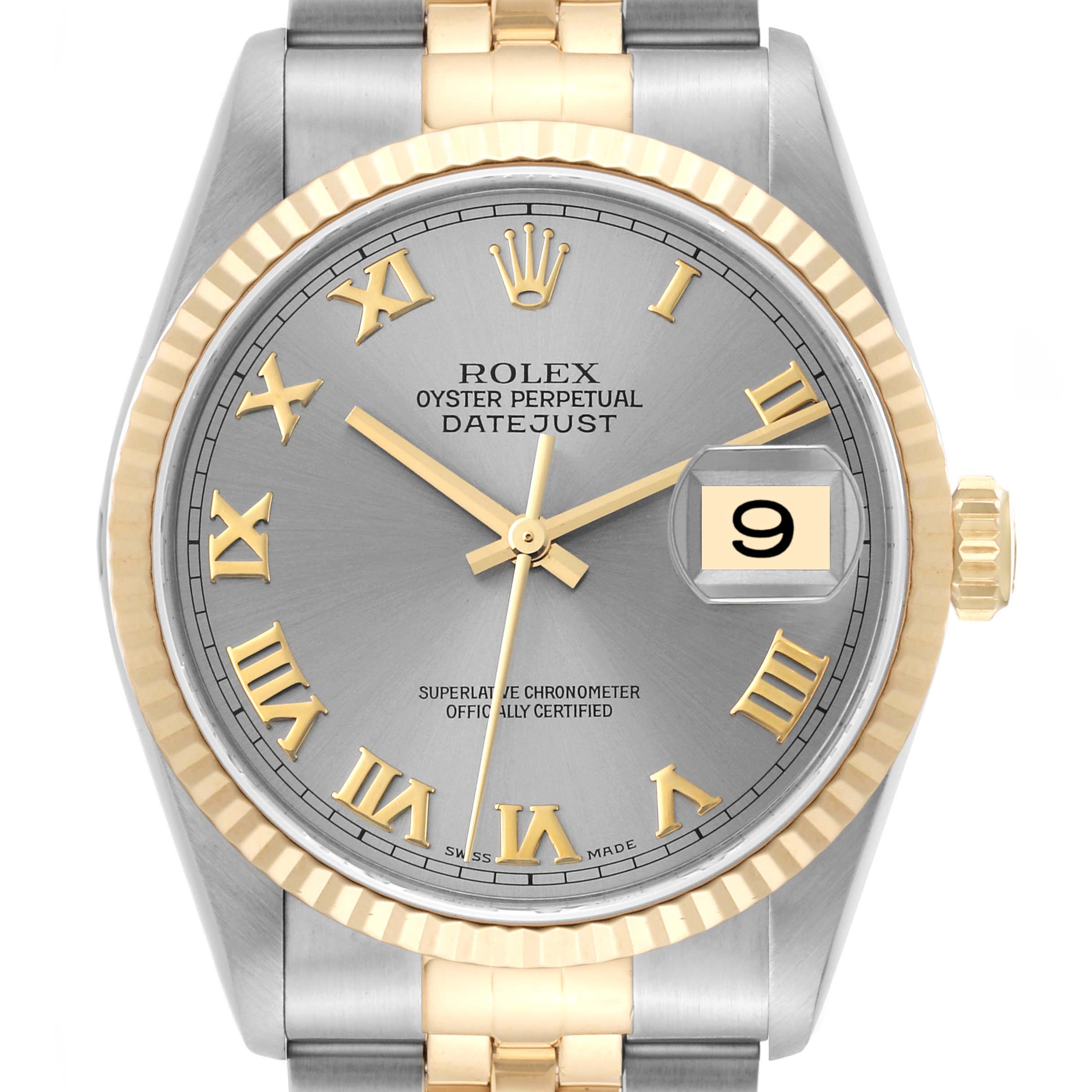 This image shows a front view of the Rolex Datejust 16233 Men's Steel and Gold (two tone) Grey Dial 16233 Men's Steel and Gold (two tone) Grey Dial watch, highlighting its dial, bezel, hands, date window, and part of the bracelet.