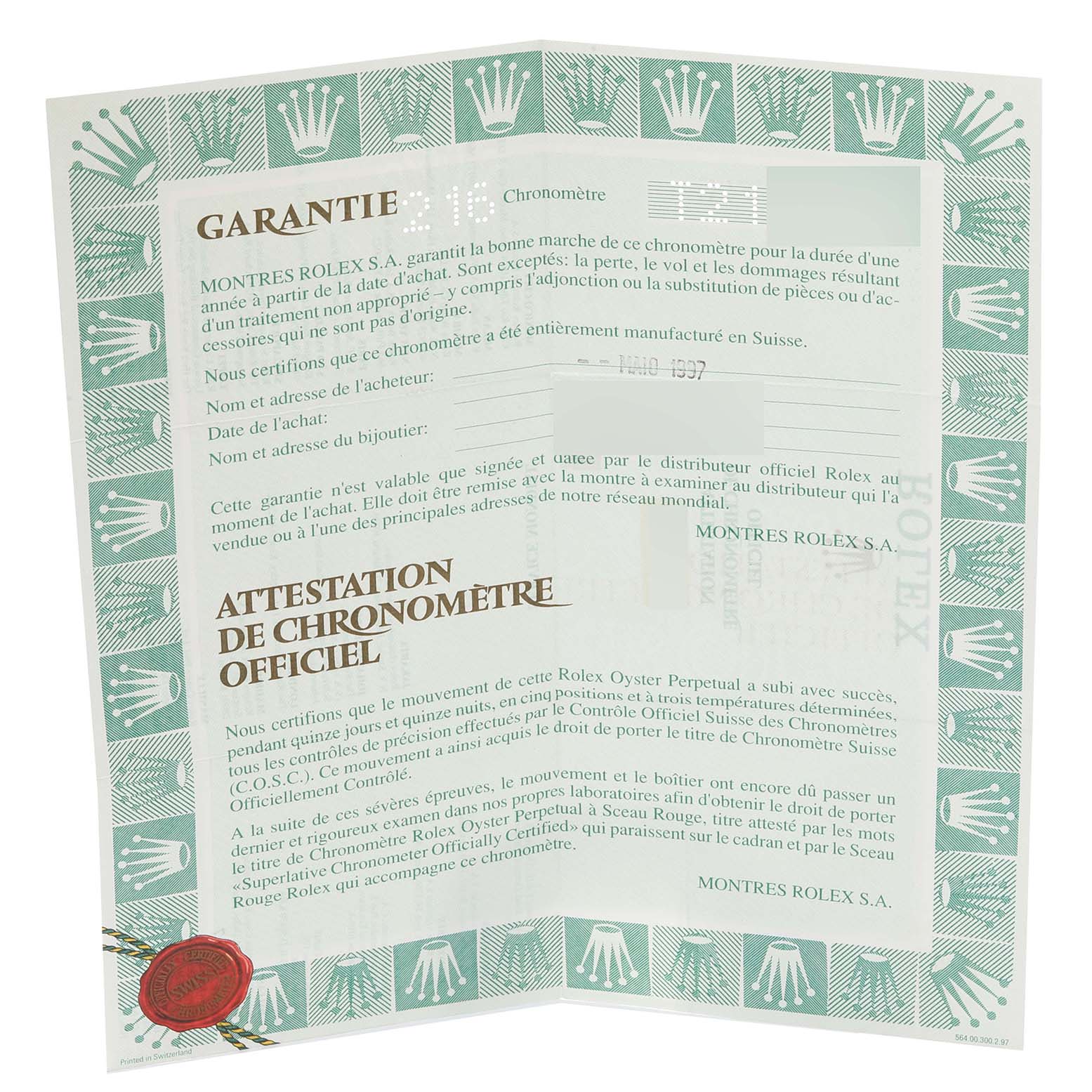 The image shows the warranty certificate for a Rolex Datejust 16233 Men's Steel and Gold (two tone) Grey Dial 16233 Men's Steel and Gold (two tone) Grey Dial watch, featuring the brand's logo and official chronometer attestations.