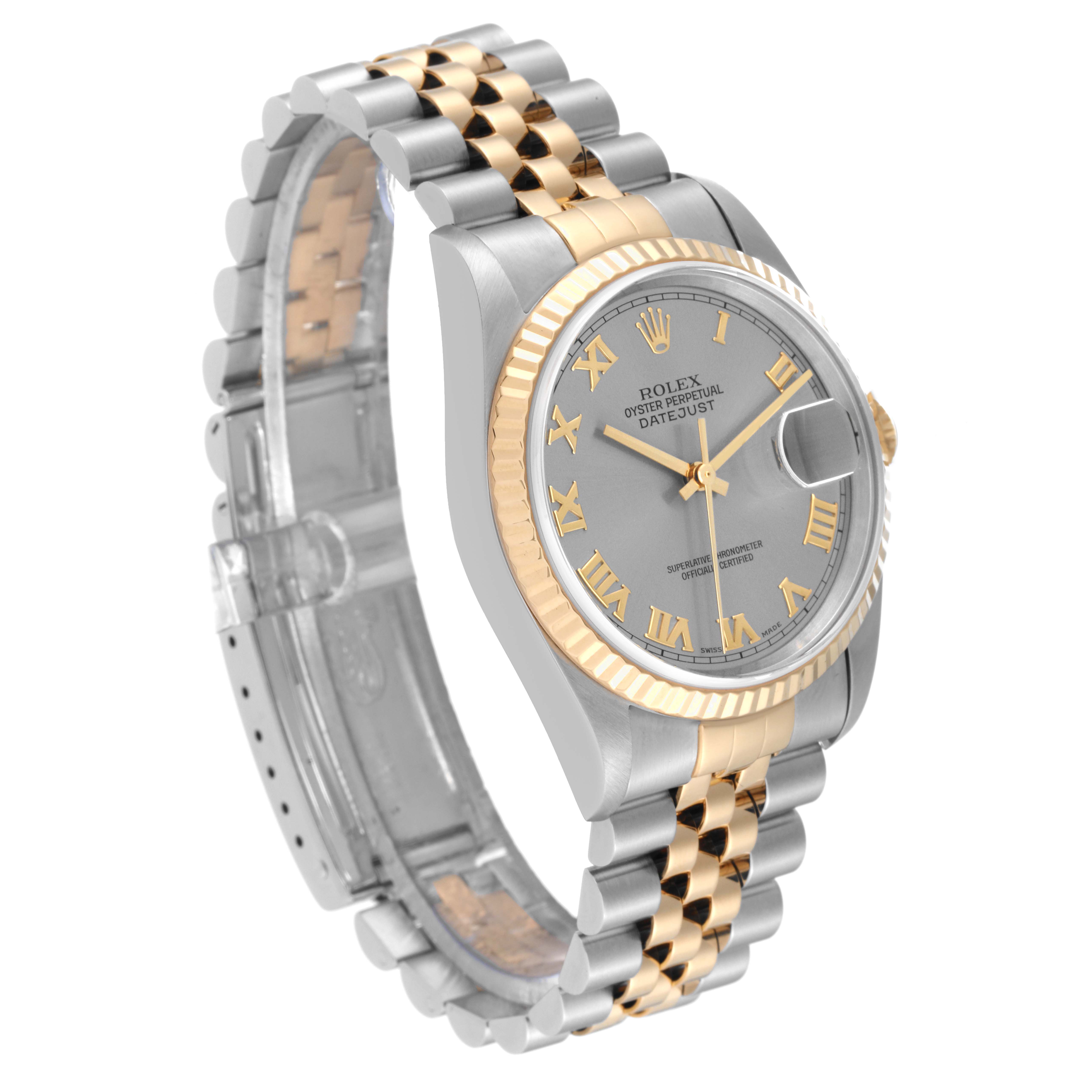 The Rolex Datejust 16233 Men's Steel and Gold (two tone) Grey Dial 16233 Men's Steel and Gold (two tone) Grey Dial watch is shown at a slight angle, highlighting its dial, bezel, and two-tone bracelet.