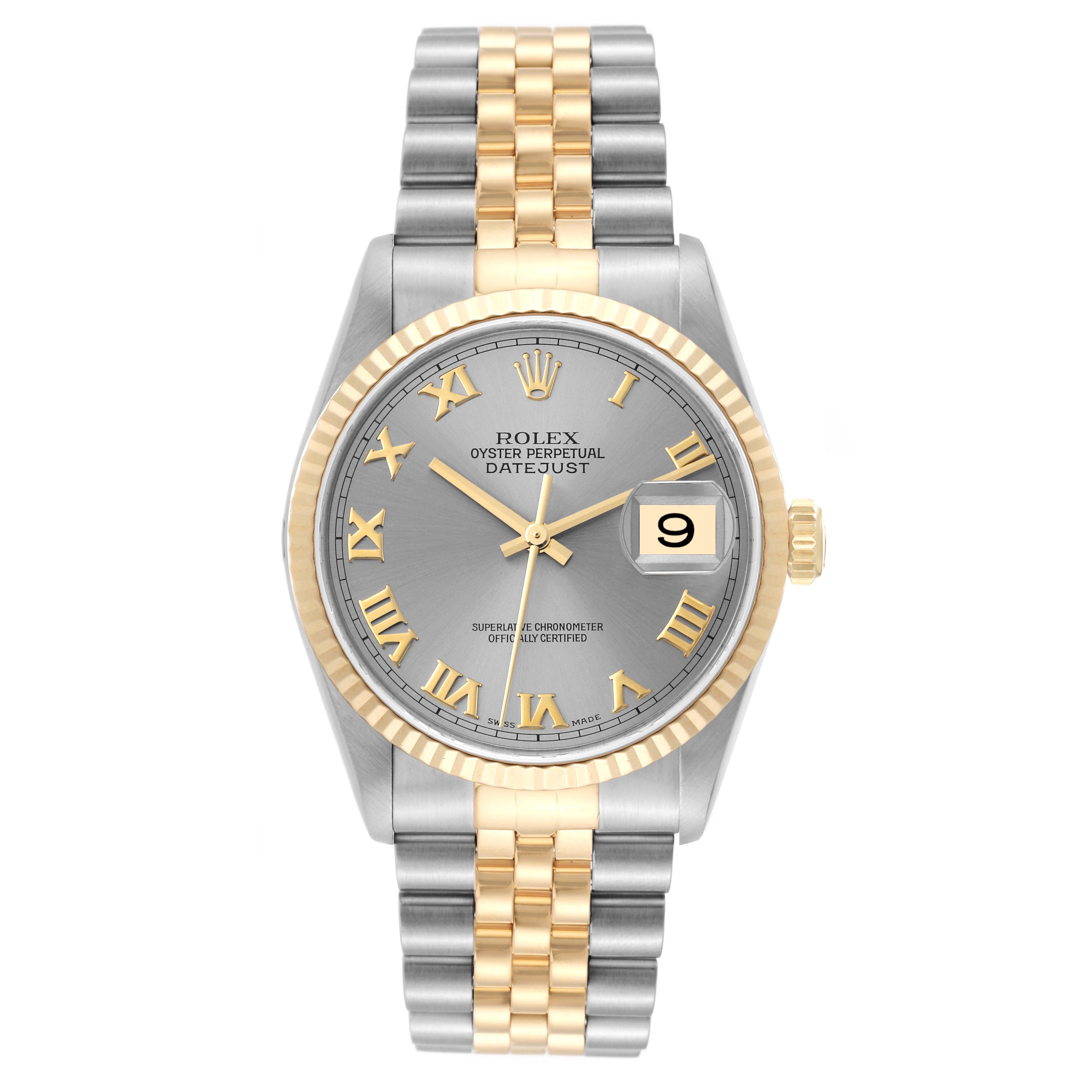 The Rolex Datejust 16233 Men's Steel and Gold (two tone) Grey Dial 16233 Men's Steel and Gold (two tone) Grey Dial watch is shown from a top-down angle, featuring its face, bezel, and two-tone bracelet.