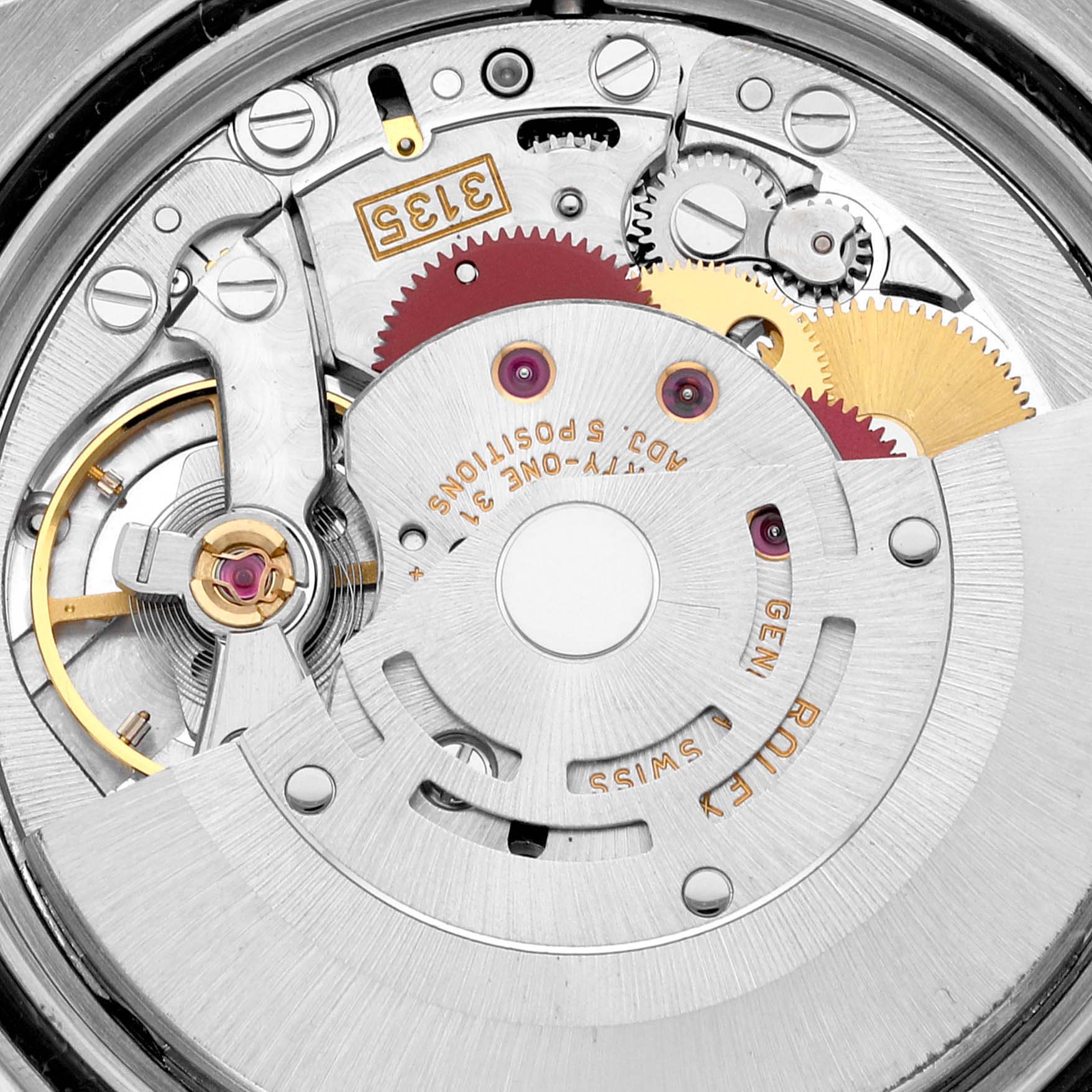This image shows a close-up of the movement mechanism of a Rolex Datejust 16233 Men's Steel and Gold (two tone) Grey Dial 16233 Men's Steel and Gold (two tone) Grey Dial watch.