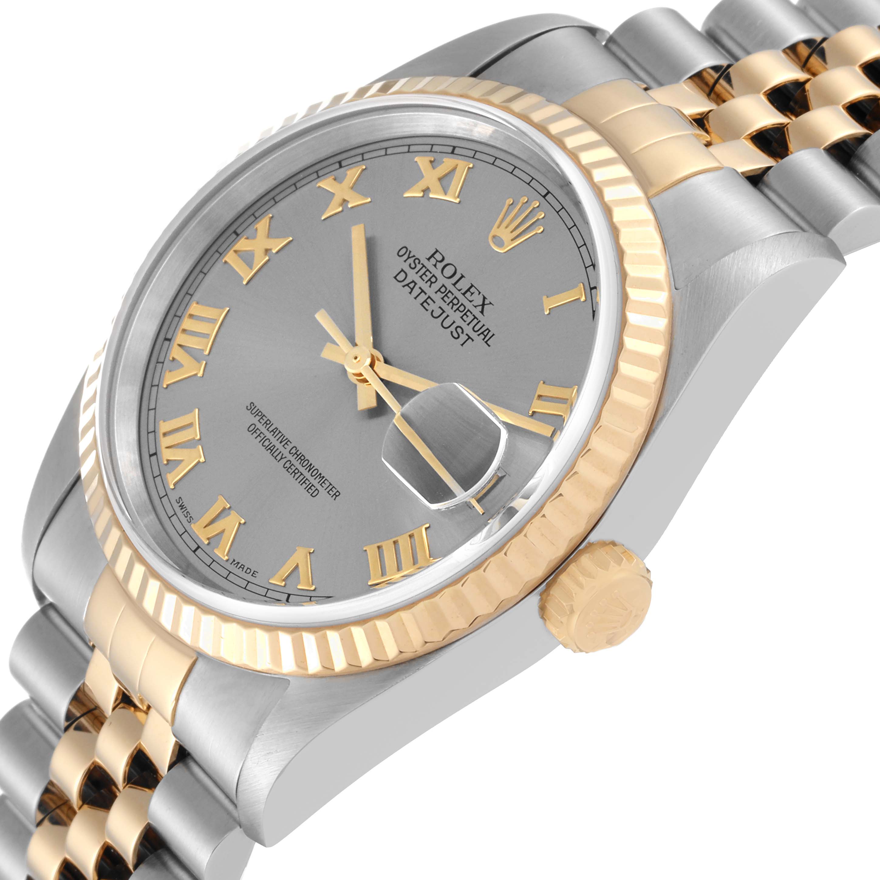 The image shows a side angle of a Rolex Datejust 16233 Men's Steel and Gold (two tone) Grey Dial 16233 Men's Steel and Gold (two tone) Grey Dial featuring the crown, bezel, and part of the bracelet.