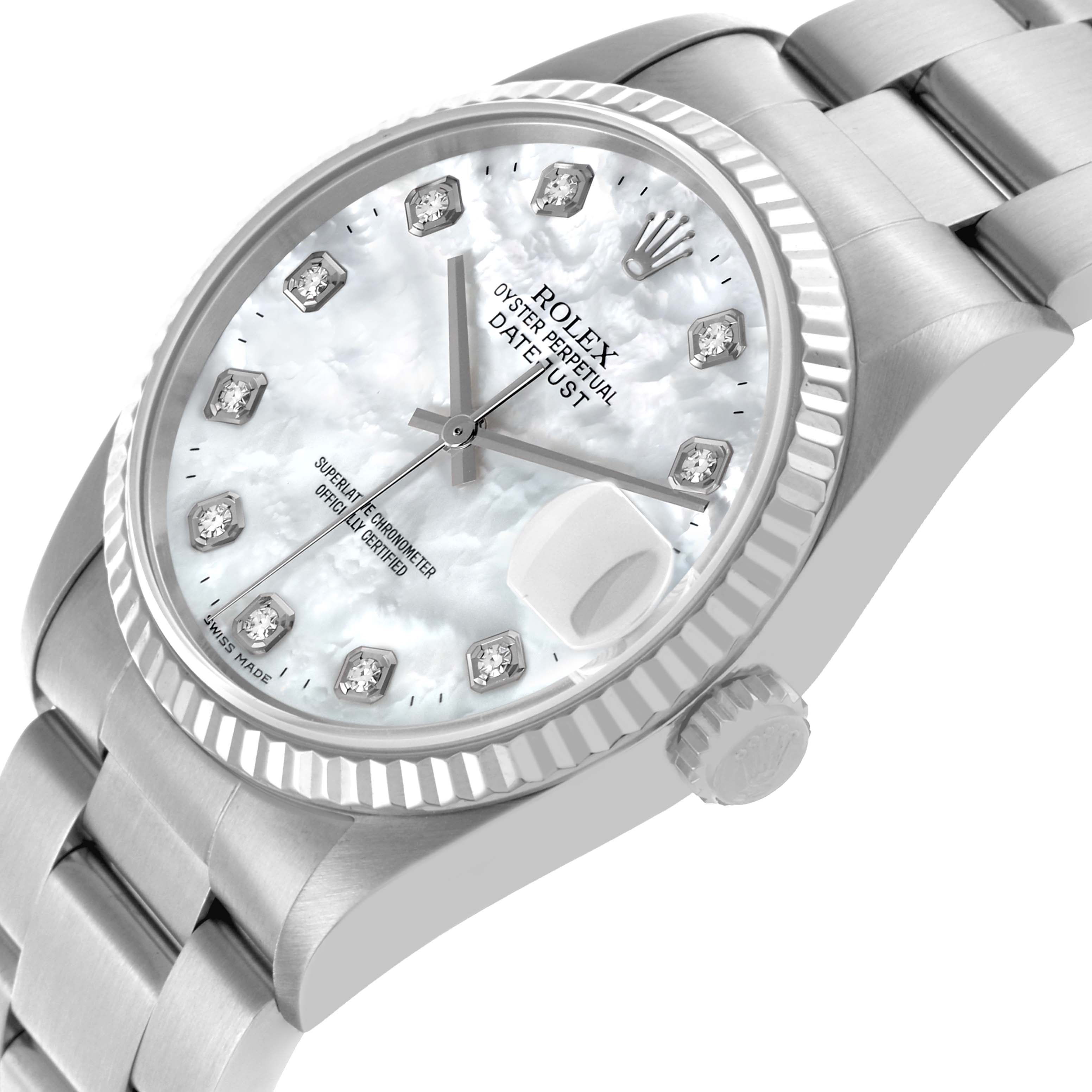 The Rolex Datejust 16234G Men's Stainless Steel Mother of Pearl Dial 16234G Men's Stainless Steel Mother of Pearl Dial watch is shown from a slightly tilted angle highlighting the dial, fluted bezel, and bracelet.