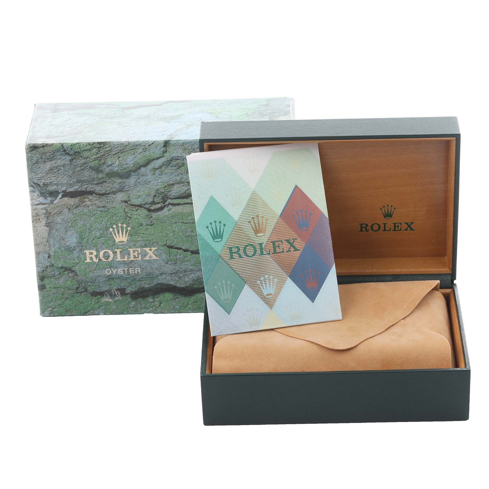 The image shows a Rolex Datejust 16234G Men's Stainless Steel Mother of Pearl Dial 16234G Men's Stainless Steel Mother of Pearl Dial box, open at an angle, with a card and watch pouch.