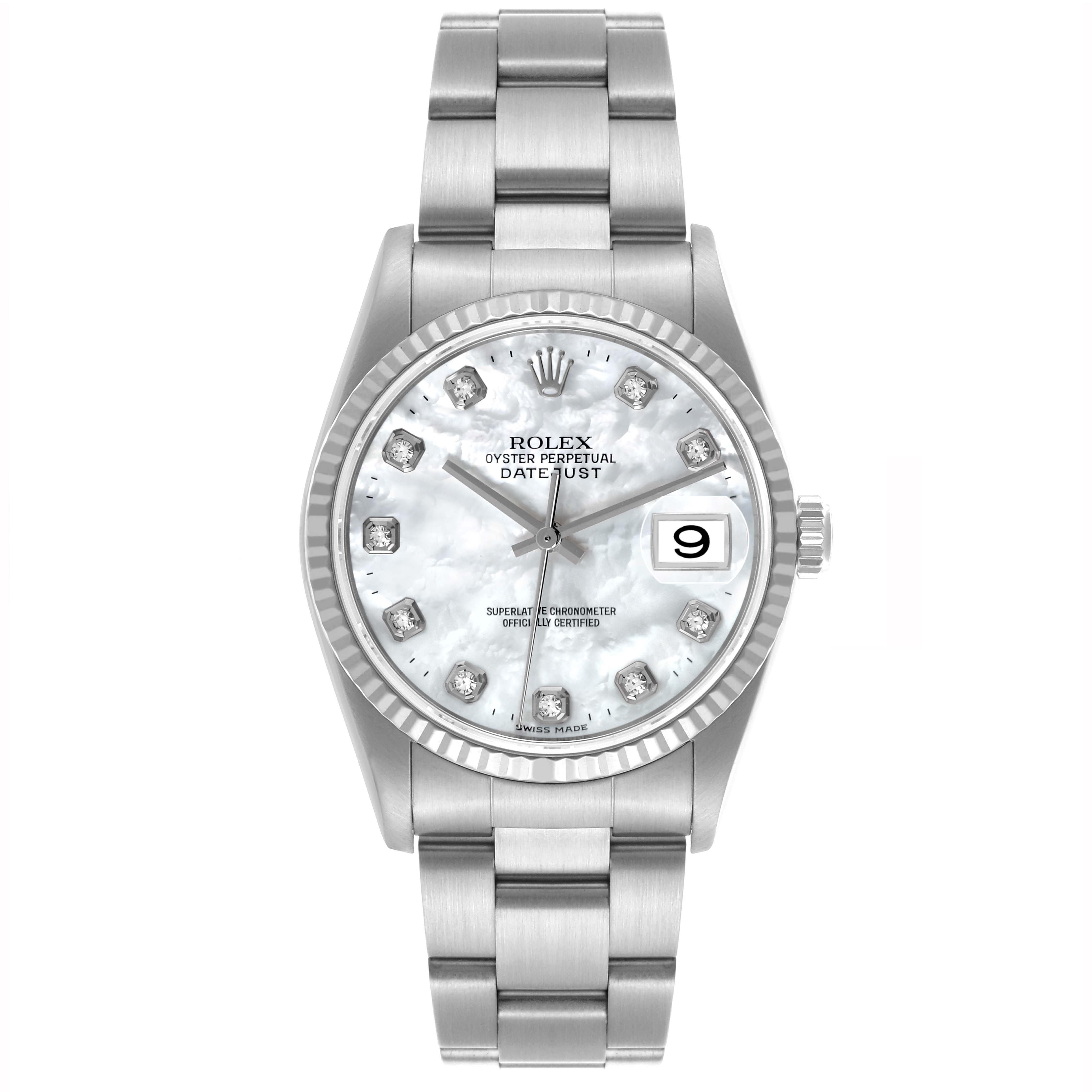 The image shows a Rolex Datejust 16234G Men's Stainless Steel Mother of Pearl Dial 16234G Men's Stainless Steel Mother of Pearl Dial watch from a front angle, highlighting the dial, bezel, bracelet, and crown.