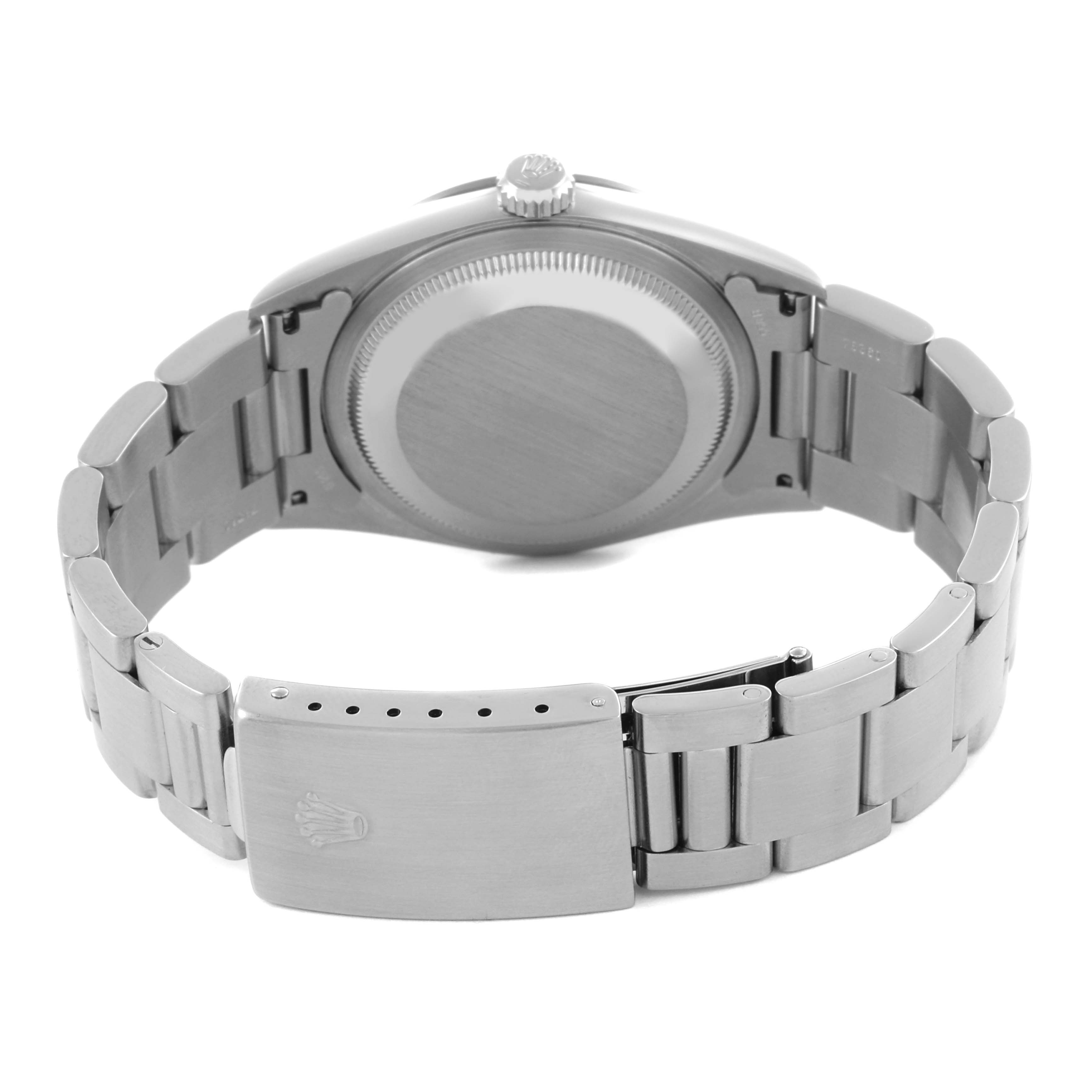 The image shows the back view of a Rolex Datejust 16234G Men's Stainless Steel Mother of Pearl Dial 16234G Men's Stainless Steel Mother of Pearl Dial, focusing on the closed clasp and bracelet.