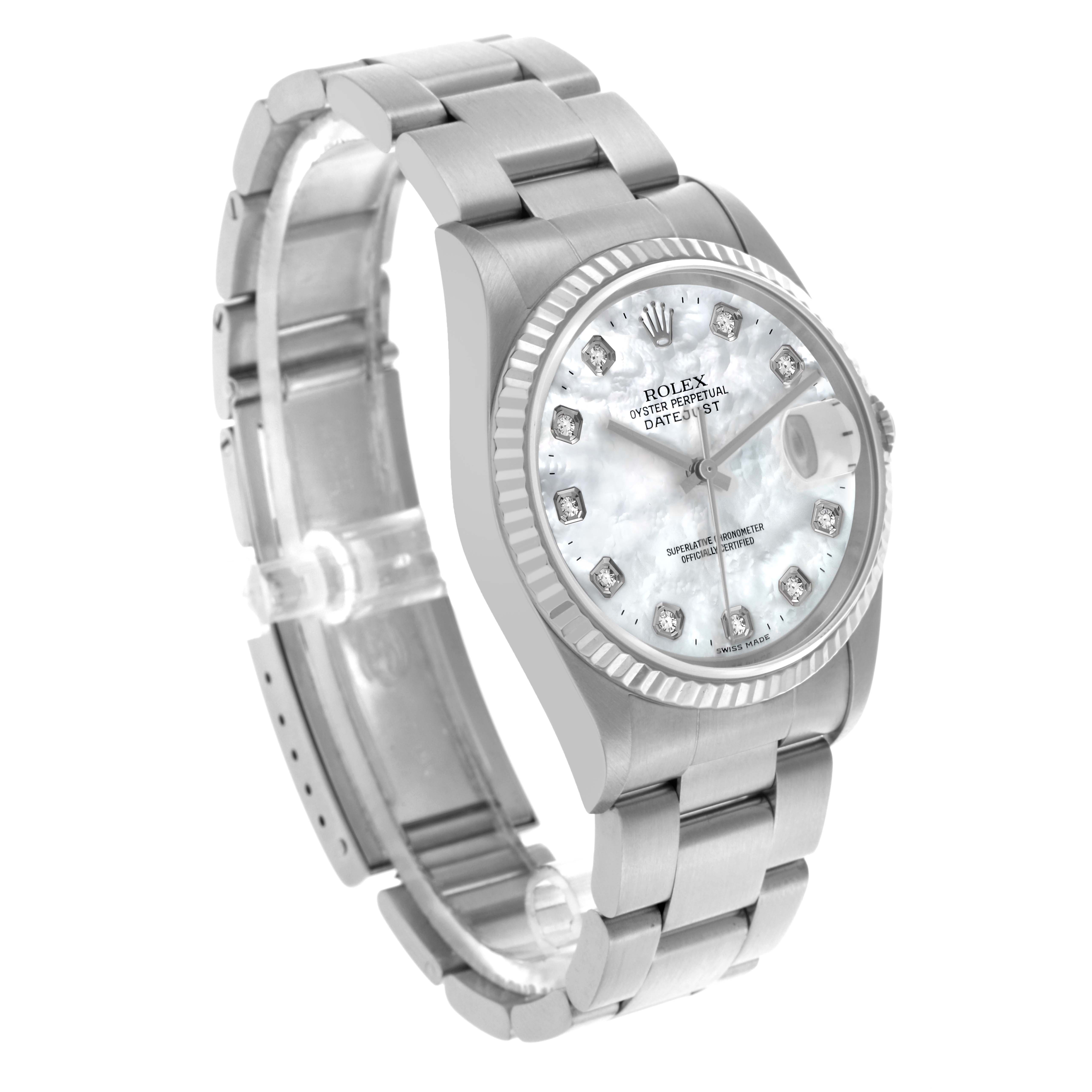 The Rolex Datejust 16234G Men's Stainless Steel Mother of Pearl Dial 16234G Men's Stainless Steel Mother of Pearl Dial watch is shown at an angled side view, highlighting the bracelet, bezel, and face with diamond markers.