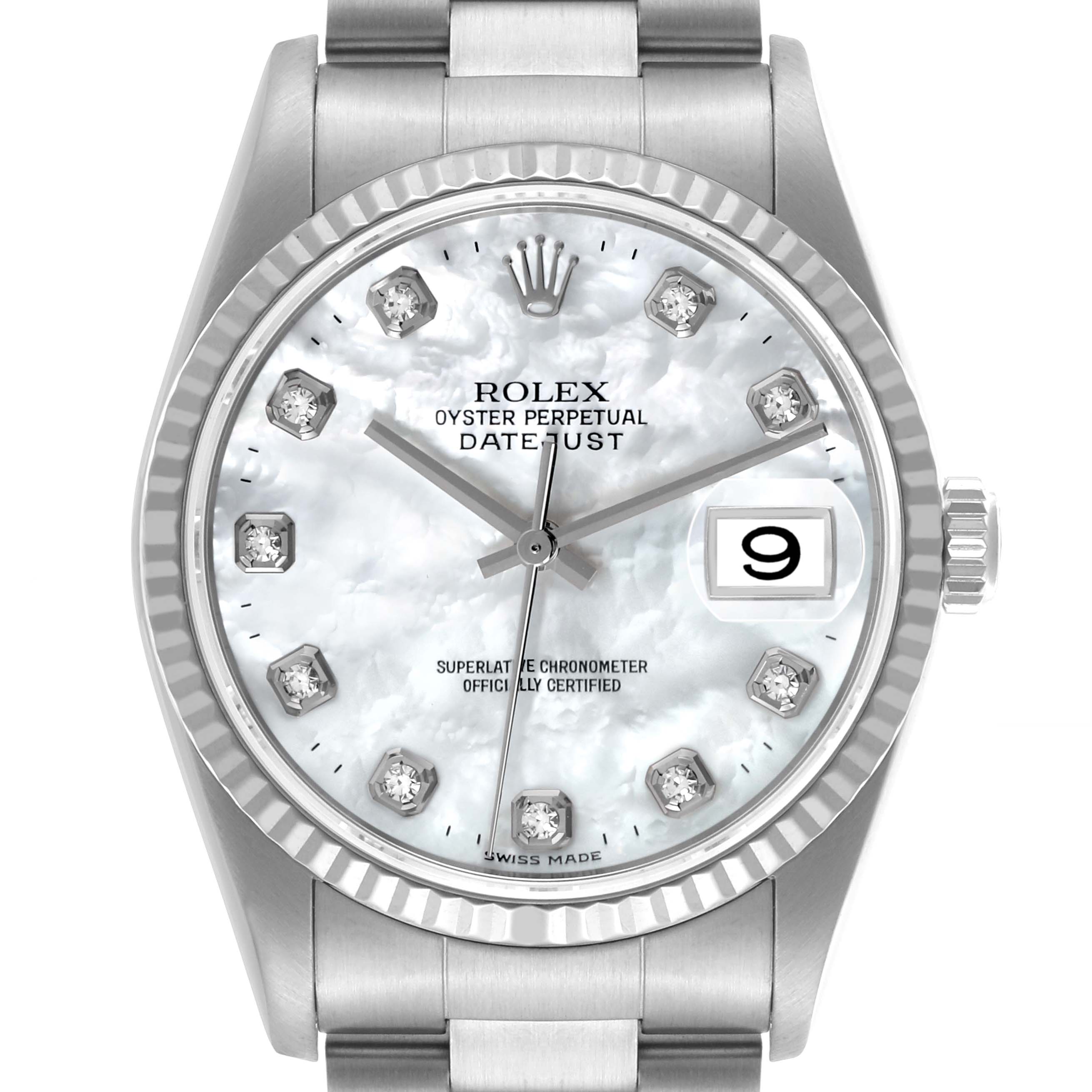 The Rolex Datejust 16234G Men's Stainless Steel Mother of Pearl Dial 16234G Men's Stainless Steel Mother of Pearl Dial watch is shown from the front, highlighting the dial, hands, bezel, and part of the bracelet.