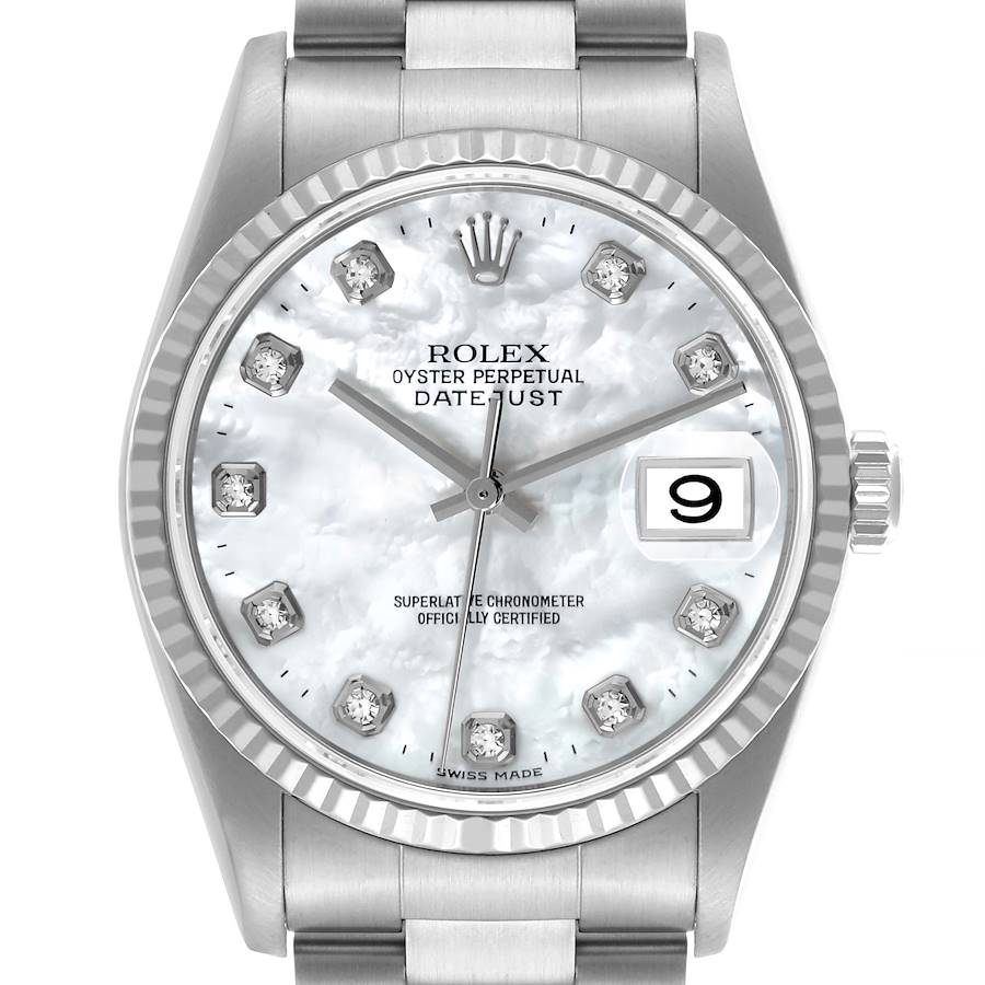 The Rolex Datejust watch is shown from the front, highlighting the dial, hands, bezel, and part of the bracelet.